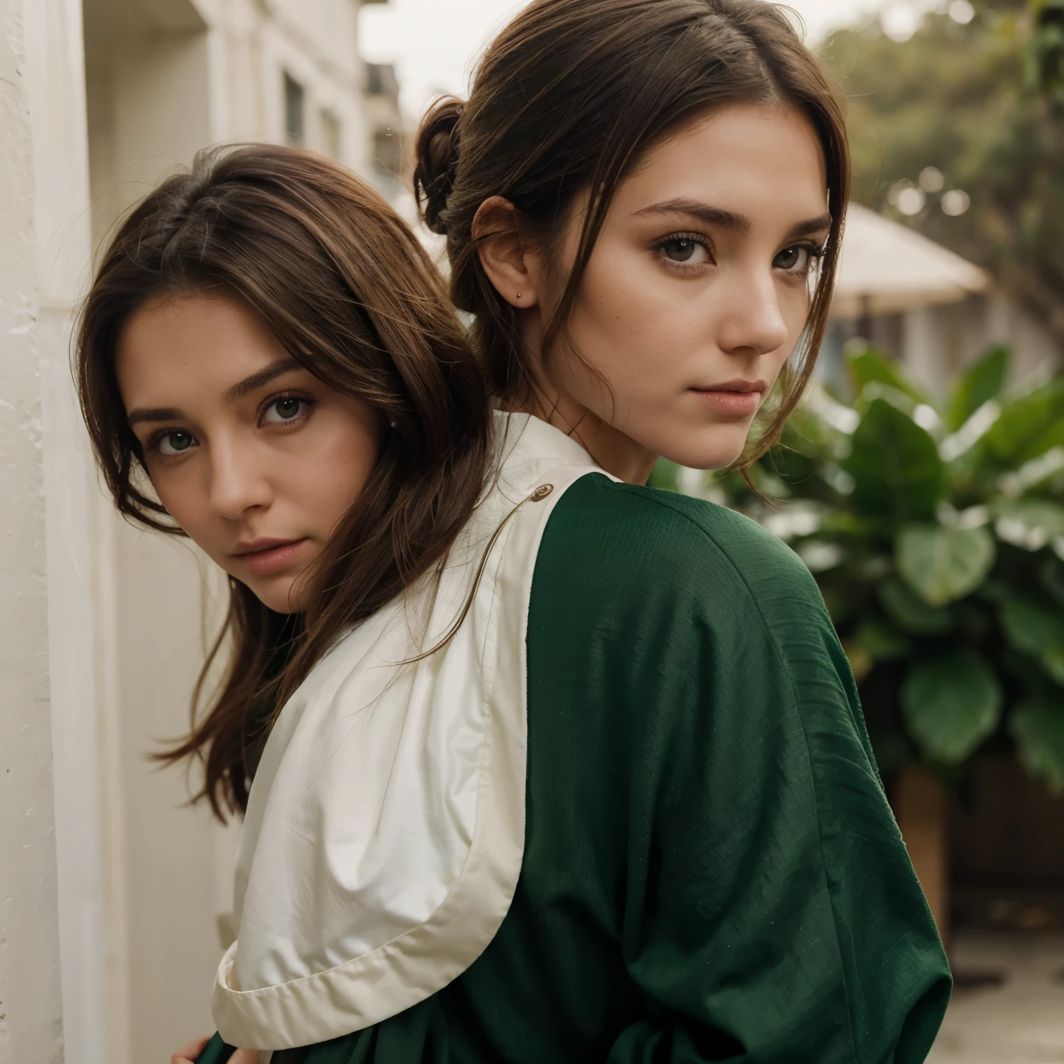 Brown hair girl with green highlights, con un ojo marron y el ojo izquierdo blanco con una cicatriz atravesando el ojo izquierdo, with a look it would be, piel blanca, con traje verde y una capa verde oscuro Marvel comocs