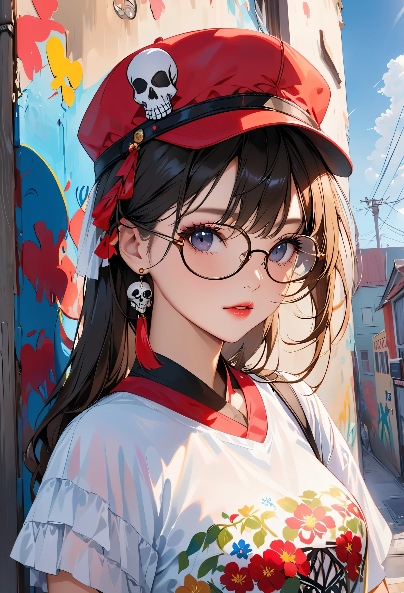 8K resolution、((of the highest quality))、((Obra maestra))、((super detailed))、1 hembra、alone、incredibly absurd、 (((the most beautiful girl of all time))), (((gafas de sol con estilo))), labios enamorados, Gorra elegante,pelo corto、small breasts, ((skull(pared de arte graffiti))), cabello colorido, provocativo