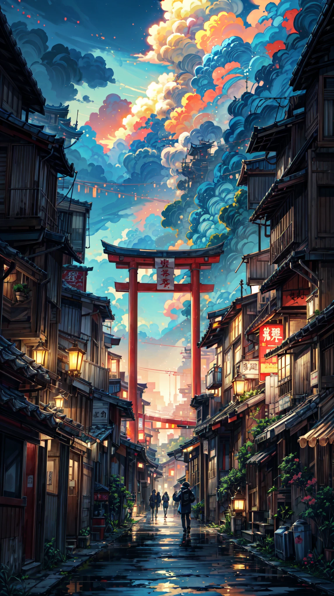anime city street with lanterns and lanterns hanging over the buildings, dreamy chinese town, japanese street, china town blade runner, rossdraws global illumination, japanese city, anime art wallpaper 4 k, anime art wallpaper 4k, anime art wallpaper 8 k, beautiful digital artwork, cyberpunk street, by Yuumei, ancient cyberpunk 8k resolution, ross tran. scenic background