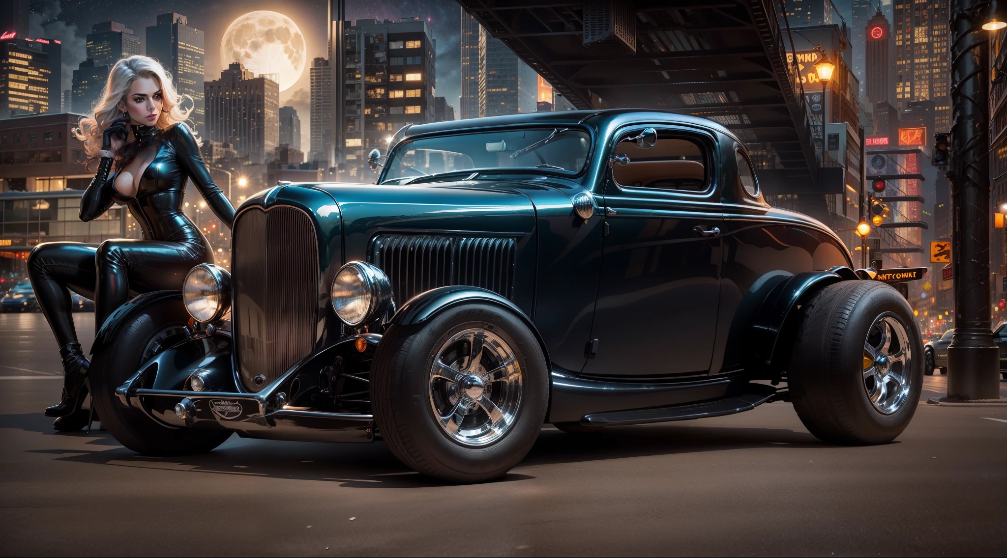 A retro-futuristic editorial photoshoot showcasing a stunning, Black 1932 Ford hotrod, lowered to perfection and sporting chrome custom wheels. The scene takes place at night in a vibrant downtown district, bathed in the warm glow of cinematic lighting. A captivating Cat woman, her hair styled in a sleek cat woman costume, leans against the car, her gaze filled with admiration. The iconic New York City skyline stretches out behind them, dominated by the Brooklyn Bridge illuminated against the vast, star-filled night sky. A large, full moon casts a soft, ethereal glow on the entire scene.