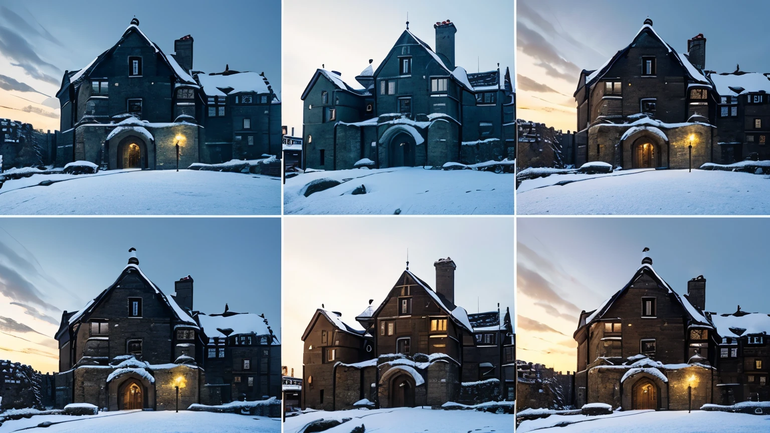 a village with several houses and a castle, snowy streets, light, inside and outside the castles, image photographed from bottom to top, Nadir Angle (Bottom-up)