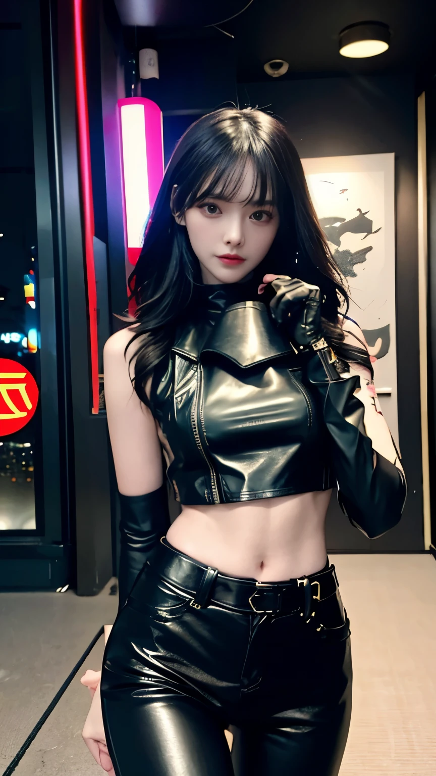 (highest quality)，masterpiece，Super detailed，8K, UHD，Beautiful woman，japanese woman，No expression，whole body，((tattoo))，slim，black leather pants，black leather vest，(female mafia)，gangster，(cyberpunk city)，night，cinematic lightening，underworld