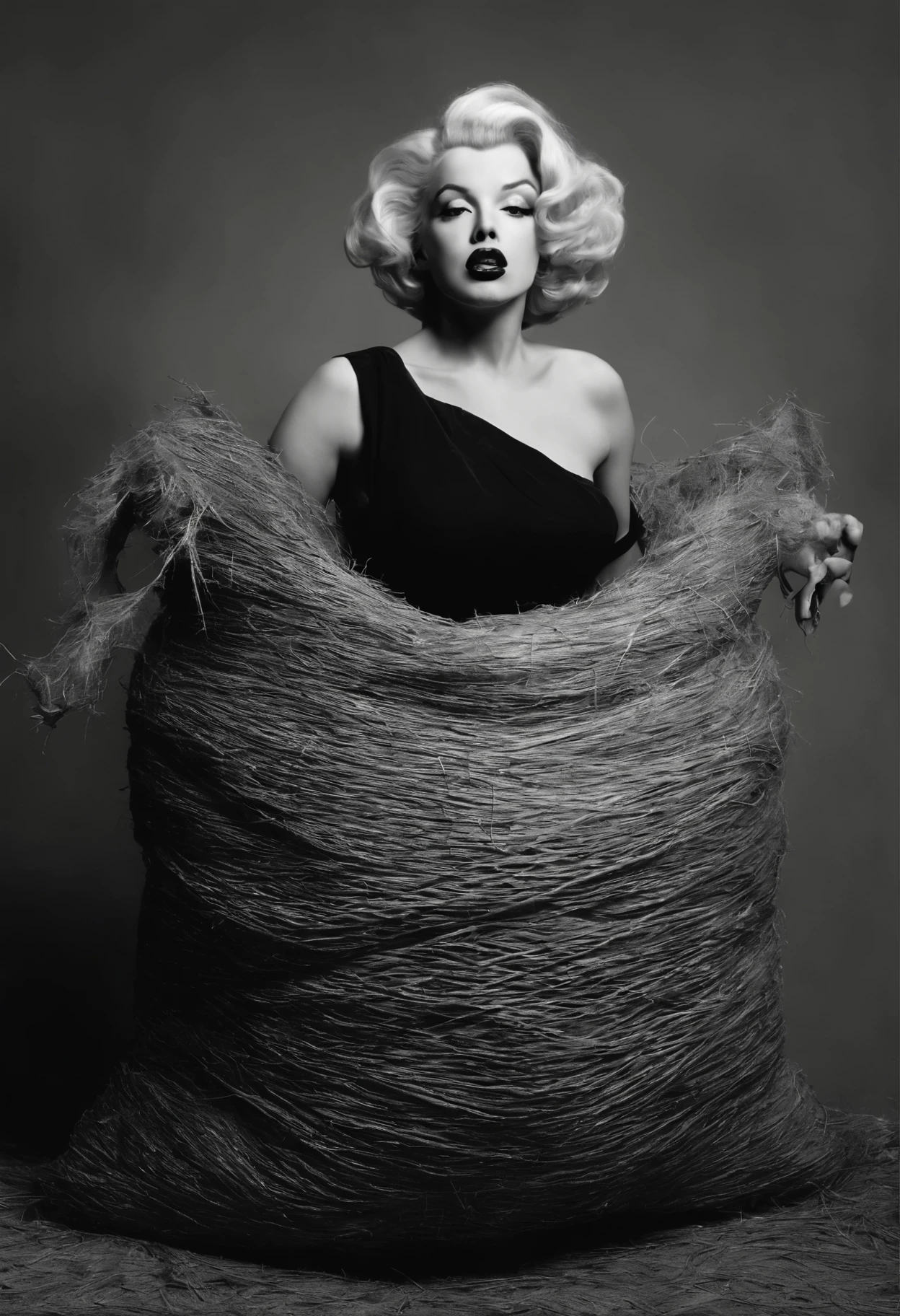 Analog,full body photo of Marilyn Monroe in a potato sack,Bert Stern,1962,fine art,studio lighting,vintage style,black and white,classic beauty,subtle details,ultra-high resolution,retro charm,striking pose,soft shadows,grainy texture,iconic figure,expressive eyes and lips,playful expression, timelessness,vivid and balanced tones,perfect exposure,sharp focus,iconic beauty,historical significance,memorable,artistic composition, film photography aesthetic