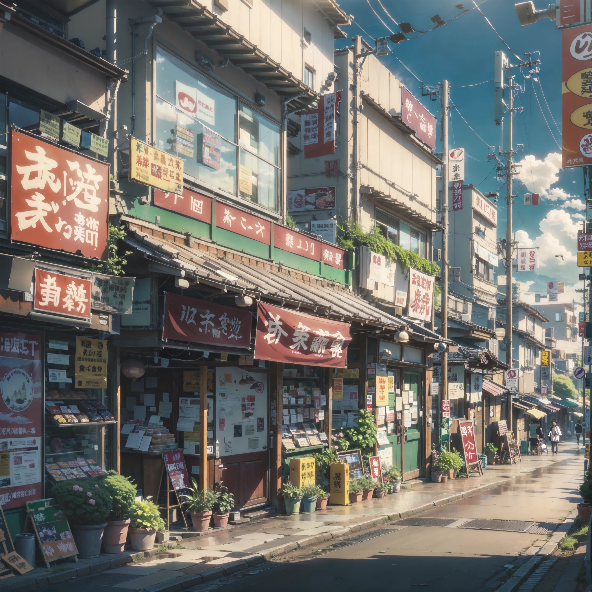 sunny, beautiful weather. modern Japanese city street, japanese shop. Best quality. No one in sight. Anime. Anime style. lofi. dramatic weather. wide view, wide angle. Next to street. Modern village