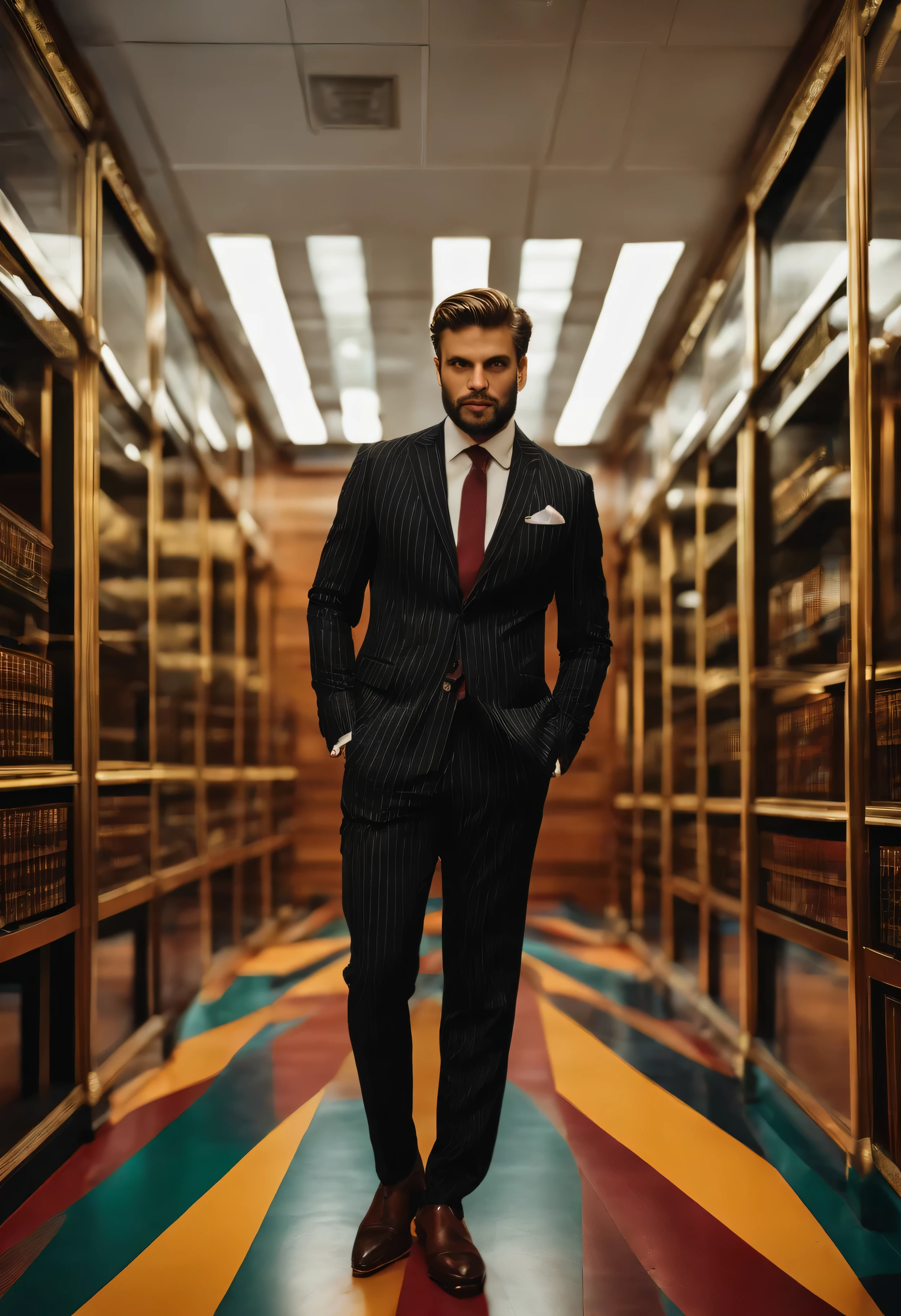 Homem em um terno listrado preto, Roupa vitoriana, Standing inside an office