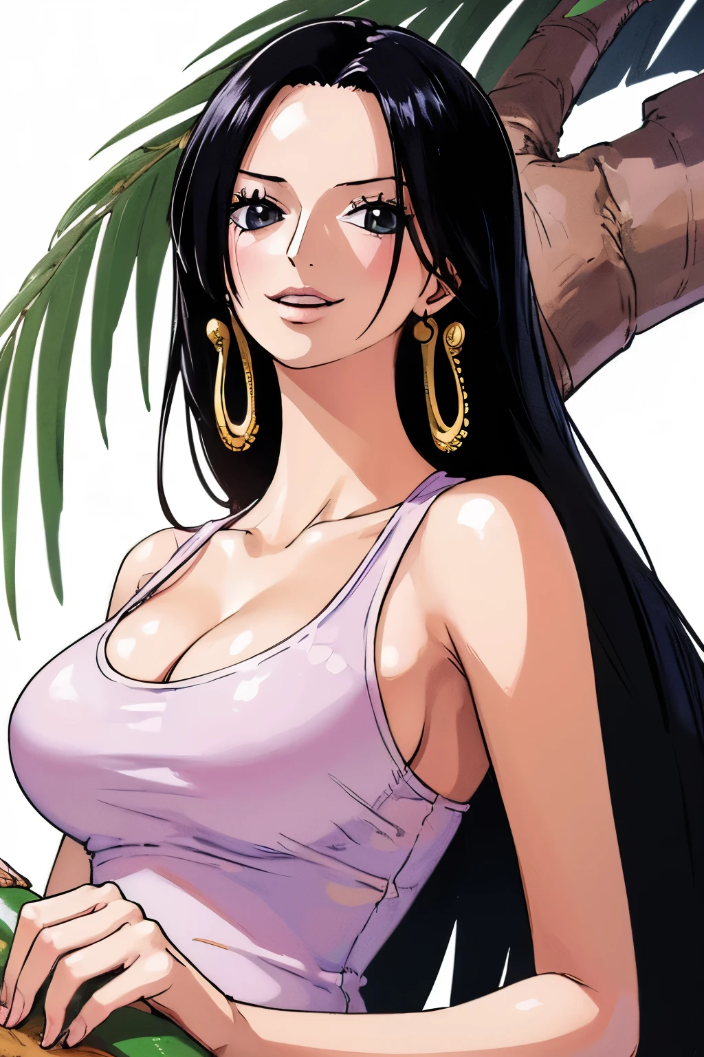 (((masterpiece))), (((best quality))), ((ultra-detailed)), (highly detailed CG illustration), Boa Hancock, (masterpiece:1.5), Detailed Photo, Smiling, Sexy, (Best Quality: 1.4), (1girl), Beautiful Face, (Black Hair, long Hair: 1.3), Beautiful Hairstyle,  beautiful detail eyes, (realistic skin), beautiful skin, absurd, attractive, ultra high resolution, high definition, (sexually aroused:1.5), Pinkish white skin, cool white light, sexy pose, Beautiful , white background, pink soft white light, Wear a white tank top,