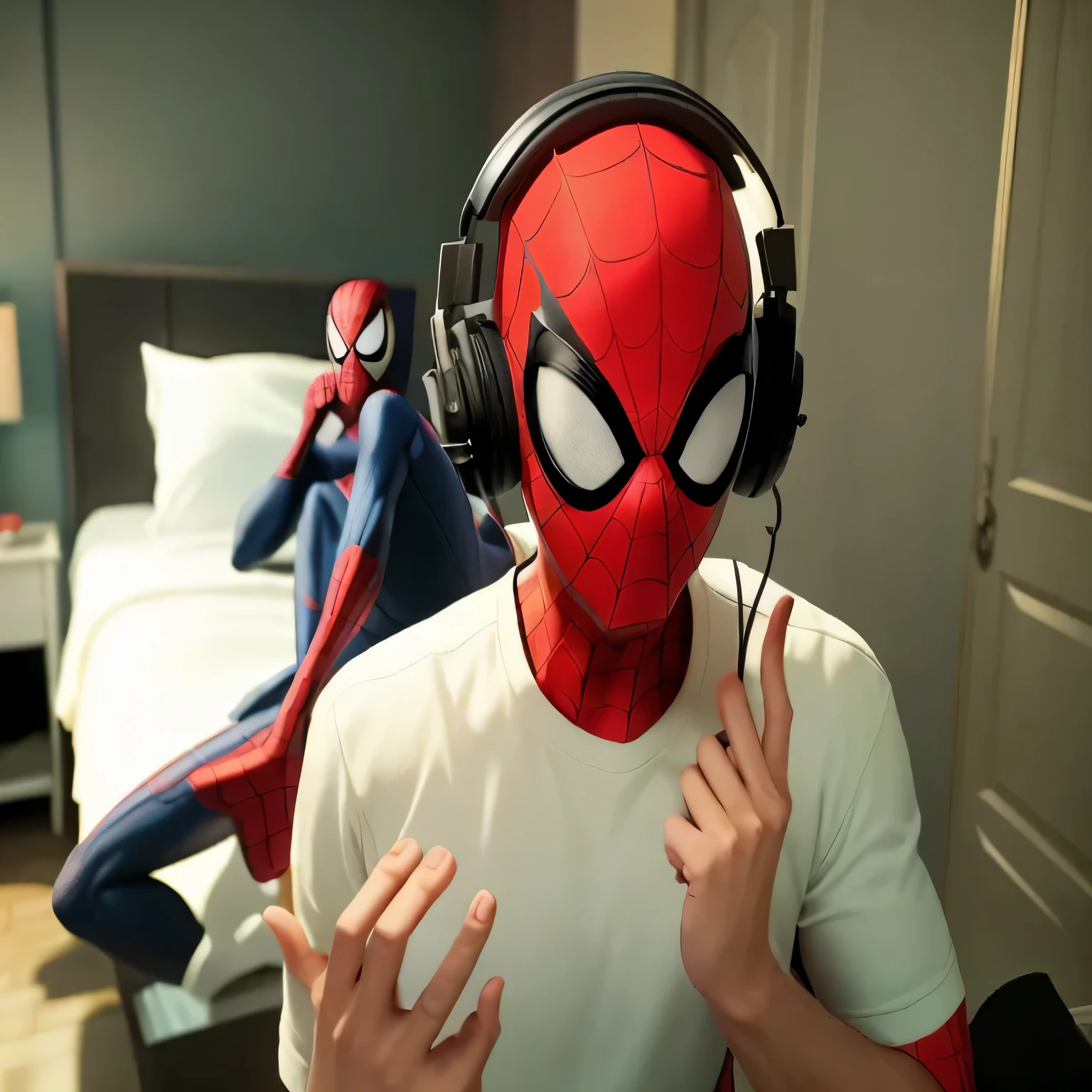 Spiderman with headphones listening to music in the room, ps5 cinematic screenshot, aranhaverso, Jogabilidade do PS 5, Peter Parker, milhares de moral, into the aranhaverso, rastreamento de raio ativado, ps 5 captura de tela, No verso da aranha, homem Aranha, homem Aranha, jogo ps5, aranha - estilo de arte em verso, milhares de moral!!!