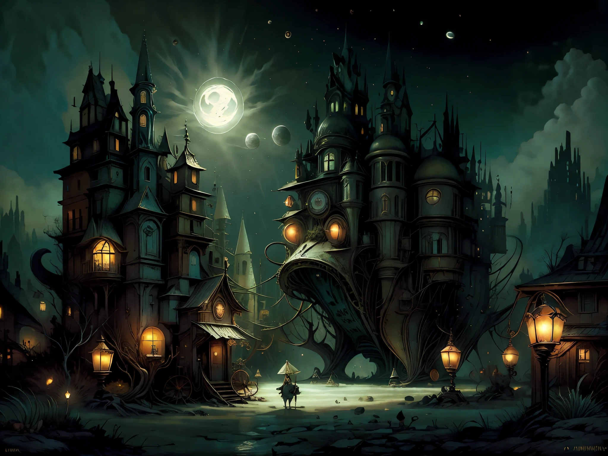 Obra maestra, Mejor calidad,( 1 chica hermosa hiperdetallada:1.5, ciudad surrealista), (luna grande de fondo, de noche nocturno, poca iluminacion, strange and bioluminescent objects and animals:1.4), 32k, imagen impecable y perfecta