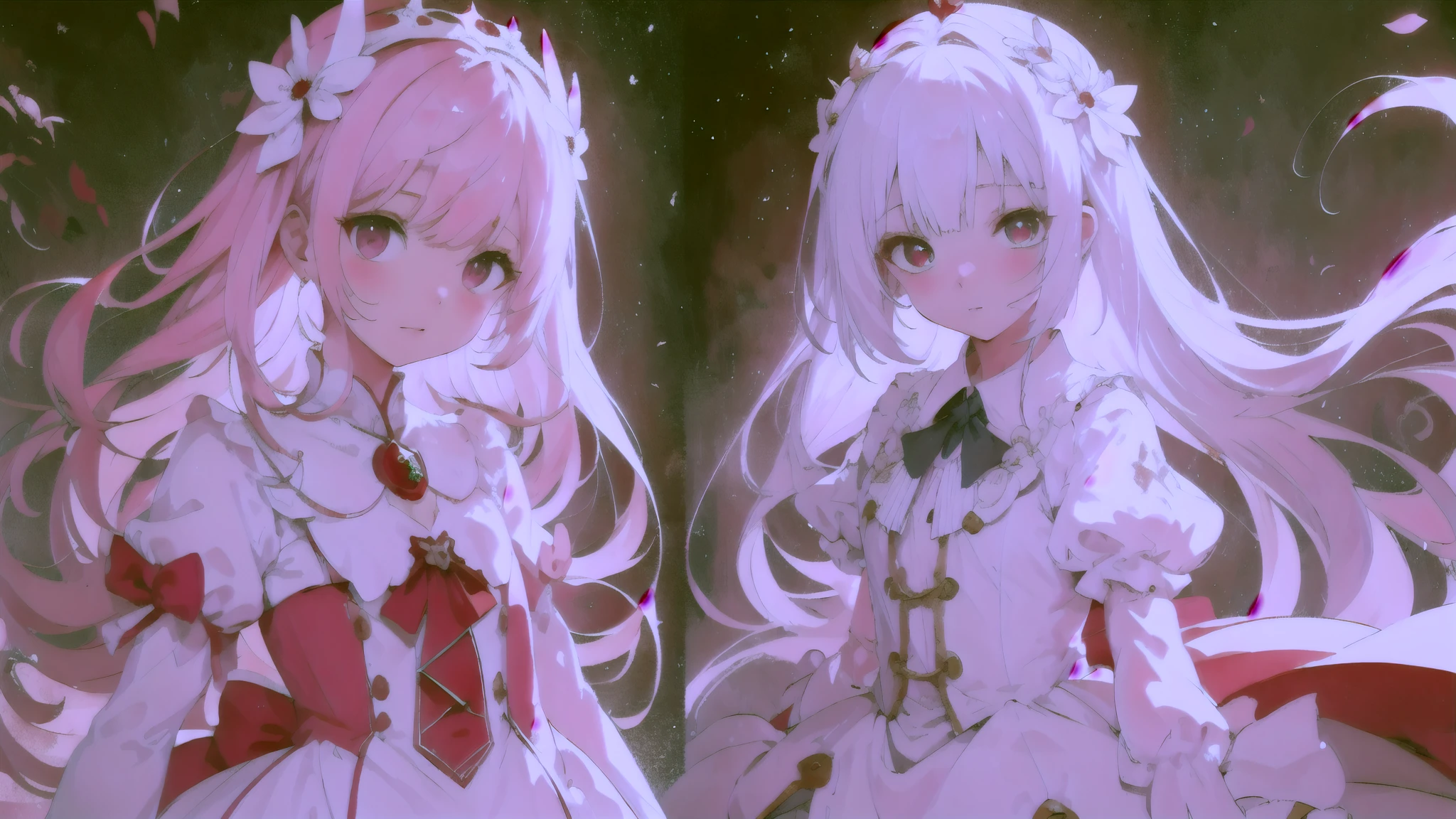 beautiful illustration, Mejor calidad, cute , (transformation sequence), transform magical girl, chibi, white magical girl, fractal art, albino, cara de bebe, pelo largo de malla blanca y roja pura, hermosos ojos rojos detallados, cinematic lighting, tiro de vaquero, Mirando al espectador, desde la parte inferior, feliz
