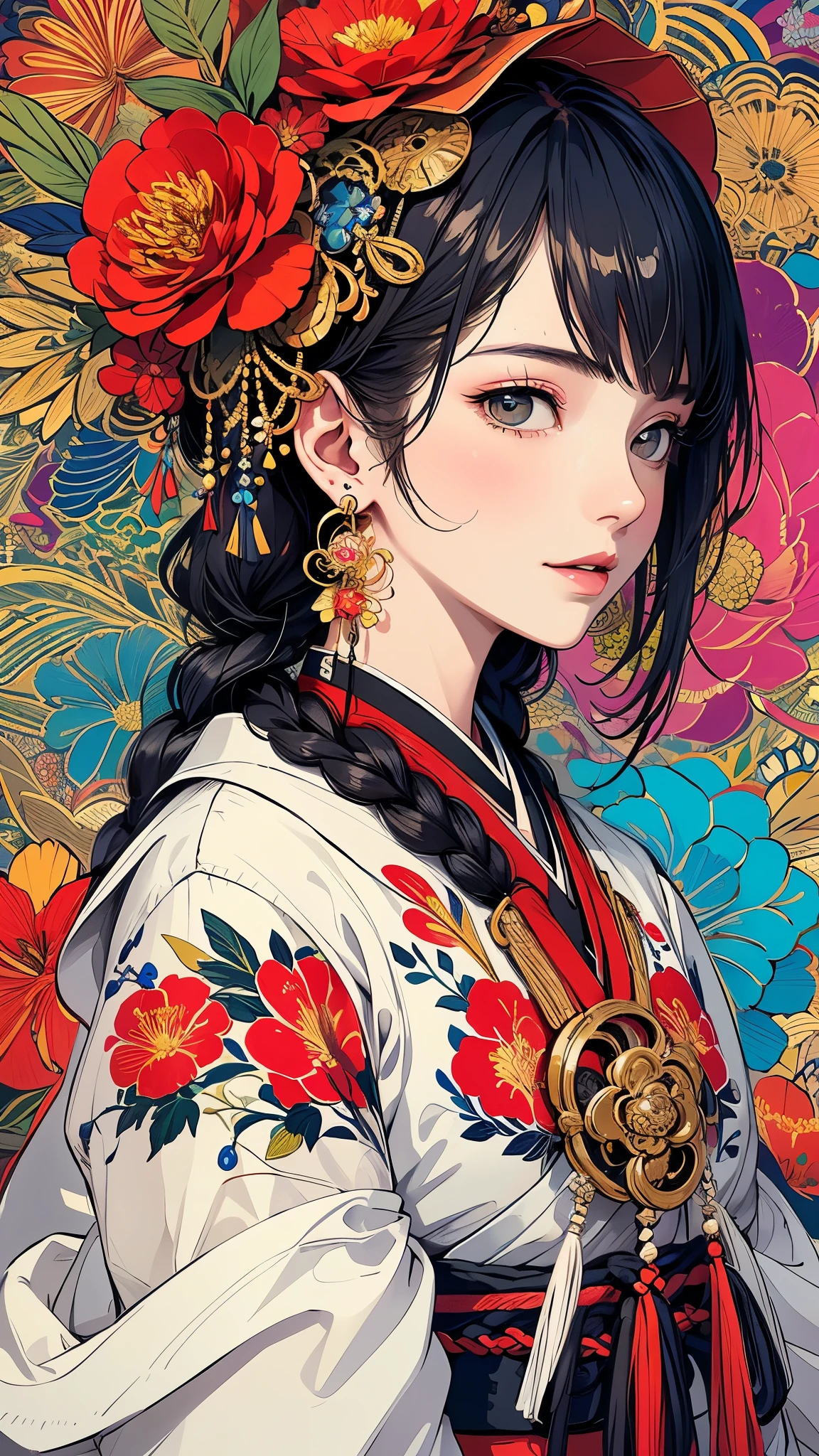 (masterpiece、top-quality、top-quality、Official art、Beautifully Aesthetic:1.5)、Painterly、sketch、Texture、超A high resolution、solo、Beautuful Women、A highly detailed、(Fractal Art:1.1)、(colourfull:1.1)(florals:1.6)、The most detailed、(Zentangle:1.2)、(Dynamic Poses)、(Abstract background:1.3)、(shinny skin)、(Many colors:0.8)、(earrings:1.4)、(pluma:0.9)、Taisho romance