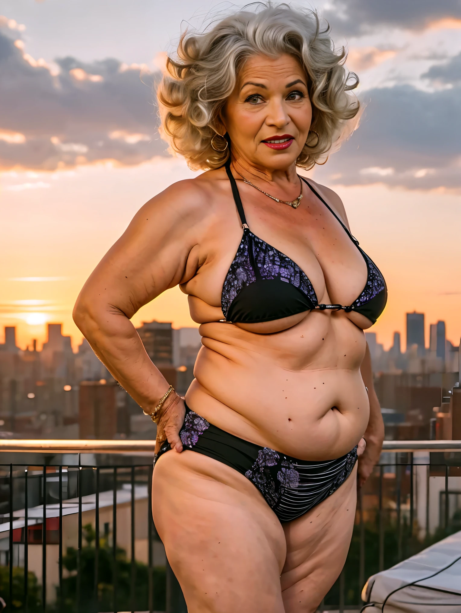 Dominican curly hair burgundy hair colored to woman, mature, older looking 60-year-old in a neon striped bikini , standing tall at a rooftop in corona queens nyc  at sunset