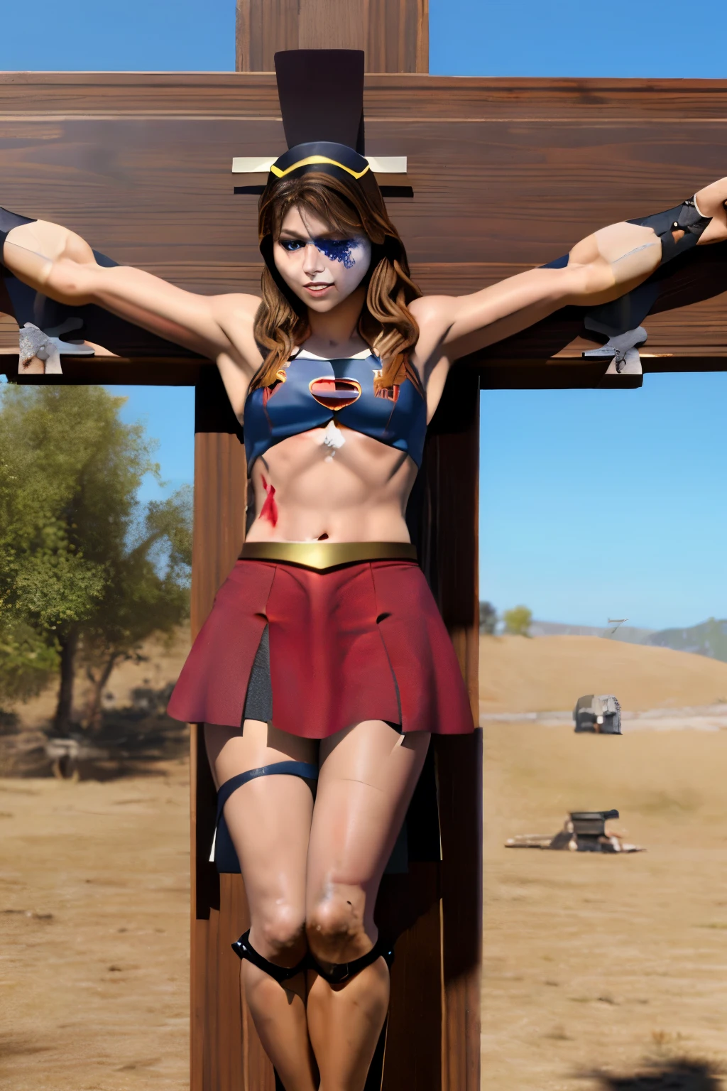 highest quality,masterpiece,UHD, Super detailed, 8K,(Beautiful woman),(一人のBeautiful woman),((crucifixion:1.5)),((cross)),(execution),((incontinence)),scared,torture,slave,((crossにcrucifixionにされた女性:1.5)),crucifixion刑,(supergirl),red skirt,((torn costume:1.4)),(tattered clothes),((Bruises on face and body:1.4)),Defeated heroine,a devastated world,ruins,abandoned building