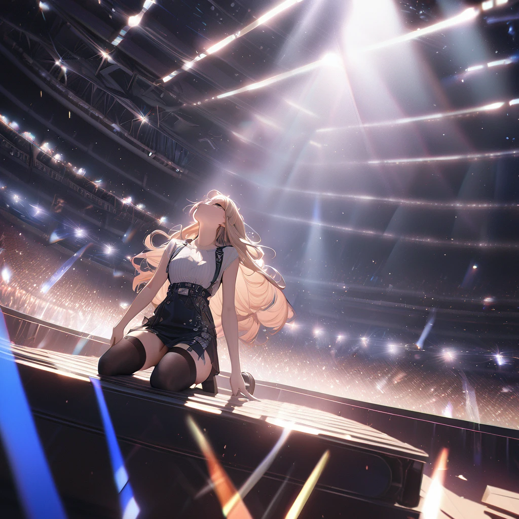 Tyndall Effect, aesthetic, extremely detailed, masterpiece, best quality, Tyndall effect, light beams, stage lights, 1girl, solo, long hair, thighhighs, on stage, looking up, light scattering, volumetric lighting, spotlights, rays, atmosphere, octane render, photorealistic, 8k
