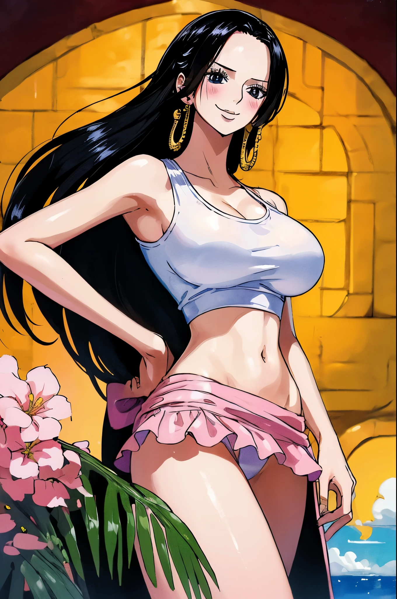 (((masterpiece))), (((best quality))), ((ultra-detailed)), (highly detailed CG illustration), Boa Hancock, (masterpiece:1.5), Detailed Photo, Smiling, Sexy, (Best Quality: 1.4), (1girl), Beautiful Face, (Black Hair, long Hair: 1.3), Beautiful Hairstyle,  beautiful detail eyes, (realistic skin), beautiful skin, absurd, attractive, ultra high resolution, high definition, (sexually aroused:1.5), Pinkish white skin, cool white light, sexy pose, Beautiful , white background, pink soft white light, Wear a white tank top,