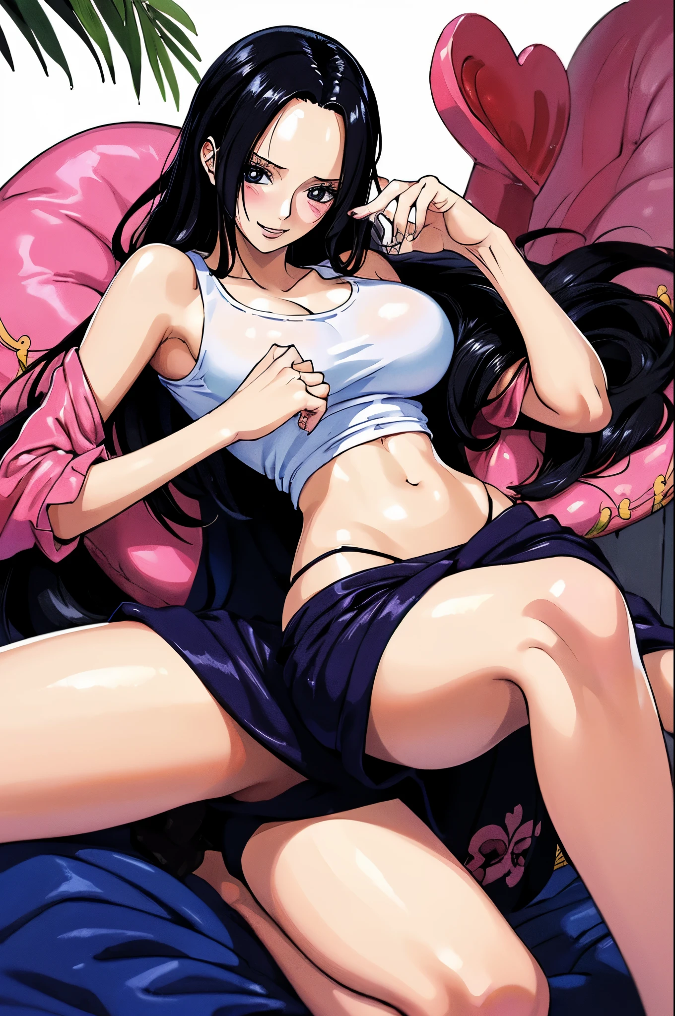 (((masterpiece))), (((best quality))), ((ultra-detailed)), (highly detailed CG illustration), Boa Hancock, (masterpiece:1.5), Detailed Photo, Smiling, Sexy, (Best Quality: 1.4), (1girl), Beautiful Face, (Black Hair, long Hair: 1.3), Beautiful Hairstyle,  beautiful detail eyes, (realistic skin), beautiful skin, absurd, attractive, ultra high resolution, high definition, (sexually aroused:1.5), Pinkish white skin, cool white light, sexy pose, Beautiful , white background, pink soft white light, Wear a white tank top,