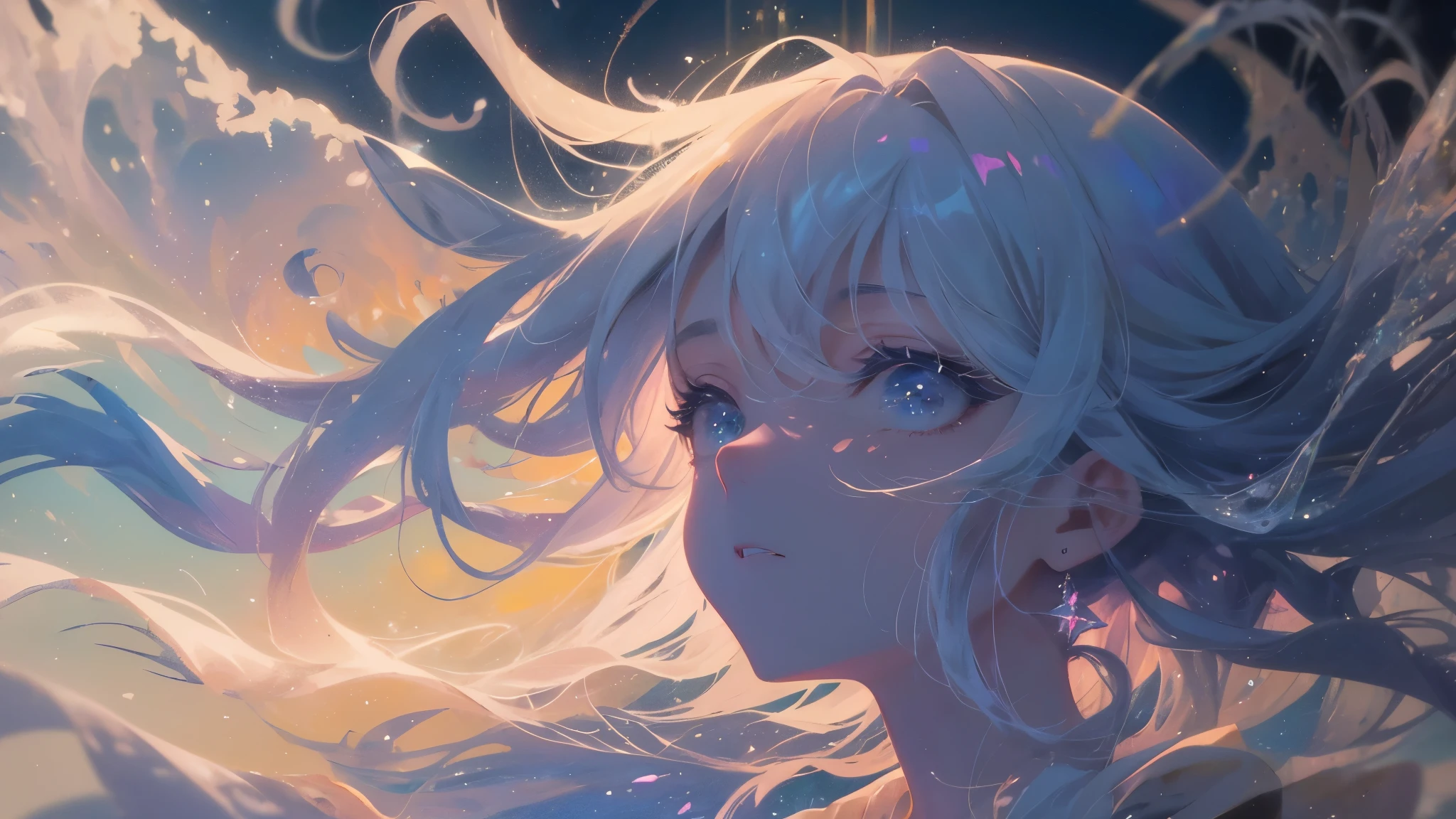 (Alta calidad, 8K), (pintura de acuarela:1,2, luz tenue:1.5), parte superior del cuerpo, (topacio), Blue,Color del arcoiris, Una chica, cara detallada, ojos detallados, pintura de acuarela, very magical and dreamy, dreamy and detailed, dreamy and dramatic atmosphere, Beautiful dream lighting, dream atmosphere, Hermoso ambiente, Dreamy romantic, Dreamy Ethereal Theme, Hermoso ambiente, arte de fondo animado, magical atmosphere + mesa, dream aesthetic, Hermosos detalles con ambiente.,