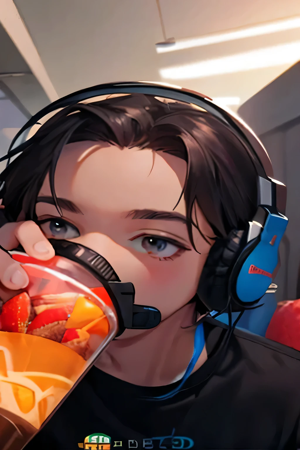 garoto de anime com fones de ouvido bebendo de um copo com frutas, anime drinks energy drink, obras de arte no estilo de guweiz, estilo de arte realista, arte digital detalhada de anime, Anime digital illustration, estilo de arte lofi, Arte digital Ilya Kuvshinov, estilo de arte de realismo, estilo de Ilya Kuvshinov, garota lofi, digital anime art