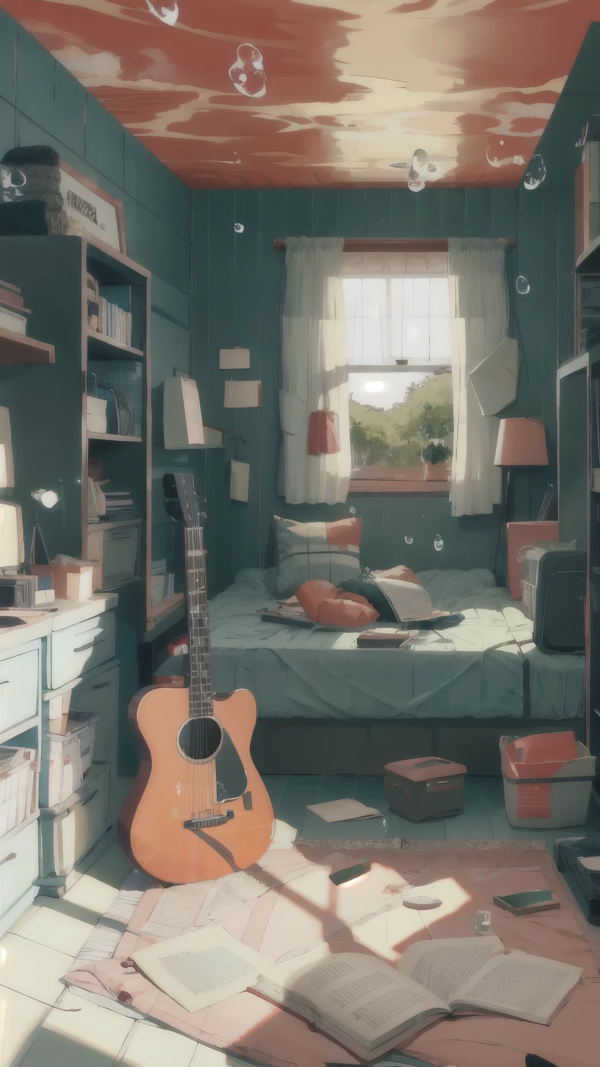 1girll, solo, Black hair, Holding, Sitting, pony tails, Shorts, Indoors, pouch, D cup, book, window, Bed, chair, Phone, plushies, the scarecrow, plant, Curtains, instrument, A table, camisole, ganja, Bubble, looking at book, guitar, airbubble, Bed room, shelf, Calendar (object),
