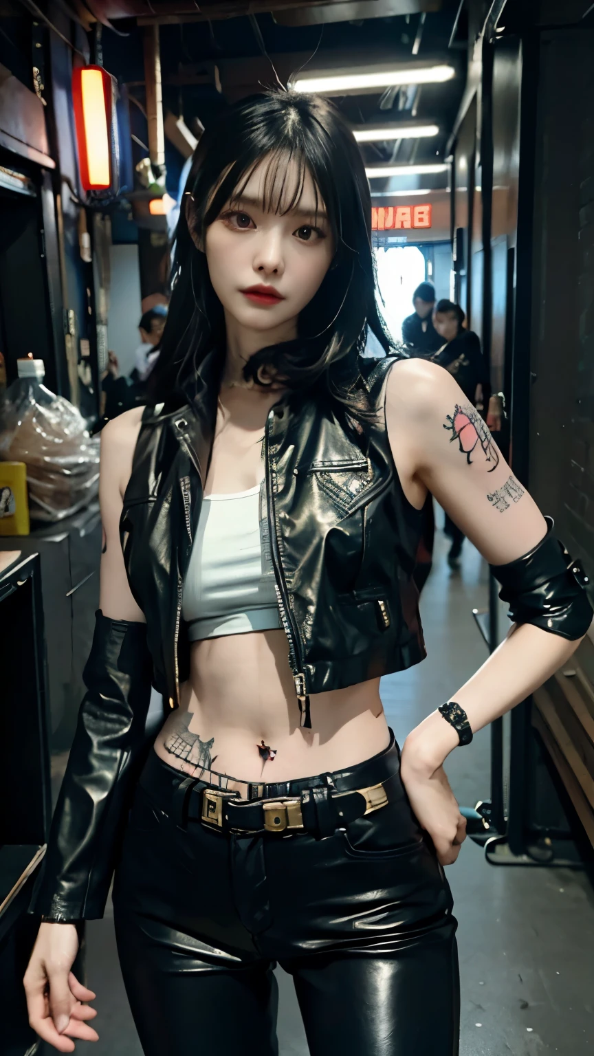 (highest quality)，masterpiece，Super detailed，8K, UHD，Beautiful woman，japanese woman，No expression，whole body，((tattoo))，slim，black leather pants，black leather vest，(female mafia)，gangster，(cyberpunk city)，night，cinematic lightening，underworld