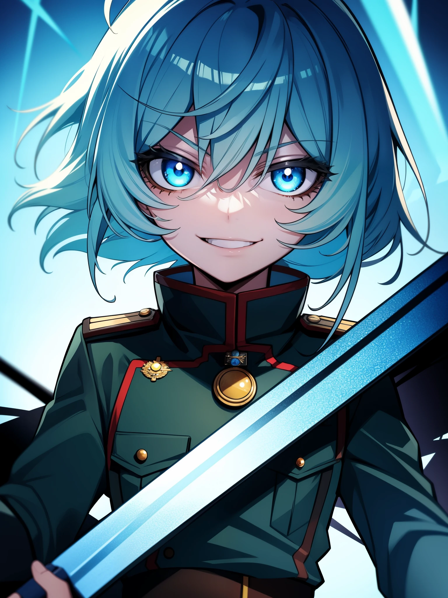 Degurechaff, military uniform, smile, , blue eyes, psychotic eyes, detailed face, vibrant colors, sharp focus, intense lighting, surrealistic atmosphere, wartime setting, magical elements