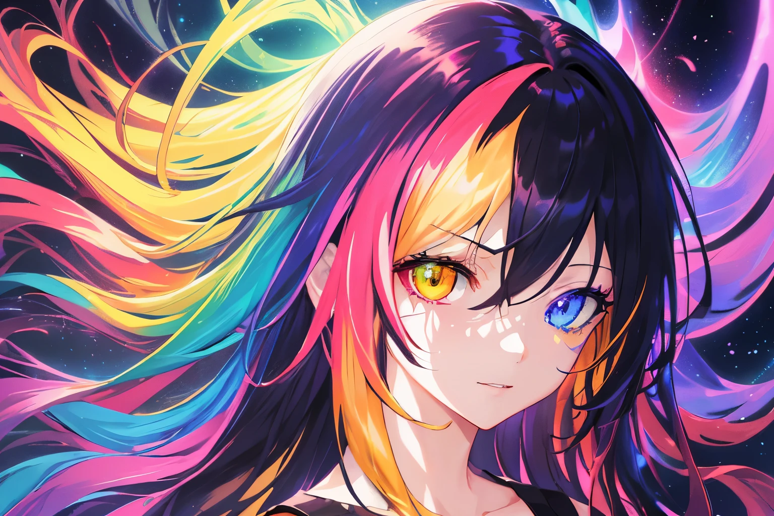 {{masutepiece}}, Best Quality, the Extremely Detailed CG Unity 8K Wallpapers, Cinematic lighting, Lens Flare, Beautiful detail eyes, Black, side glance, Multicolor Hair, Colorful light, Particle, Heterochromia, (Colorful:1.5), (Colorful hair:1.5), Mystical, Nostalgia