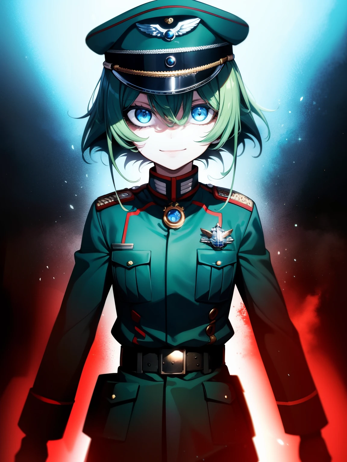 Degurechaff, military uniform, smile, , blue eyes, psychotic eyes, detailed face, vibrant colors, sharp focus, intense lighting, surrealistic atmosphere, wartime setting, magical elements