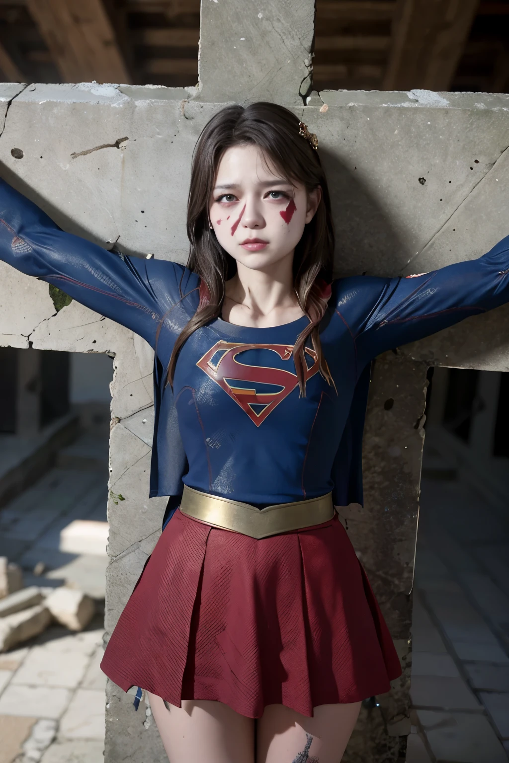 chinese girl, (Zhao Liying:1.5),black hair,(feel in pain:1.5),full shot body,8k, best quality, real image, intricate details, ultra-detailed, ultra highres, depth field, (photorealistic, realistic: 1.2), masterpiece, photo of 1girl, supergirl, wounded, superhero, lying, back, realistic, (red skirt) ,(super suit:1.5), (dirty, bruised, blood: 1.3), lips, long hair, solo, (revealing torn clothes, torn clothes: 1.3), ruined city background, best quality, realistic, photorealistic, (intricate details: 1.2), (delicate detailed), (cinematic light), clear line, sharp focus, realistic face, detailed face ,