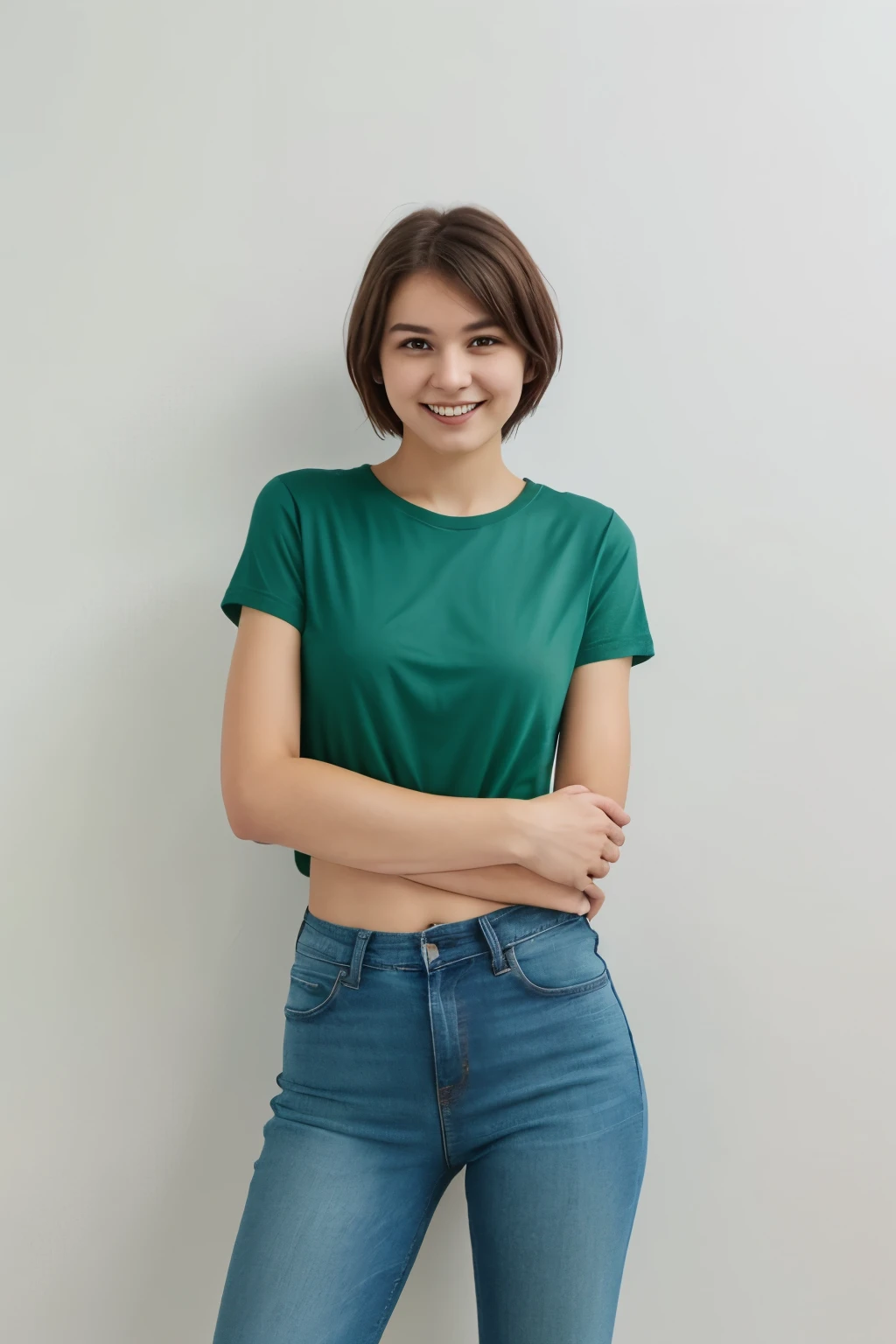 For a green t-shirt mockup design, front facing, from the top of her head to the knees, full body, photo-real caucasian ager girl, eighteen years old, short black straight hair, bobcut, boycut, happily smiling, closed lips, pointed nose, facing the front, standing with her hands on her waist, wearing a high-quality green colored t-shirt with no designs, no pockets and no text, and clean blue jeans, for a mockup design, plain green t-shirt with no designs and no text, with a focus on the high-resolution texture and details of the clothes. The photo real girl is standing in an all white room with a white background, with a shadow effect adding depth to the image