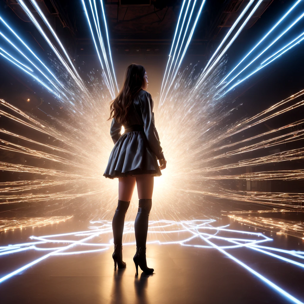 Tyndall Effect, aesthetic, extremely detailed, masterpiece, best quality, Tyndall effect, light beams, stage lights, 1girl, solo, long hair, thighhighs, on stage, looking up, light scattering, volumetric lighting, spotlights, rays, atmosphere, octane render, photorealistic, 8k