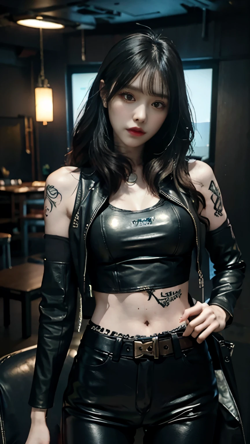 (highest quality)，masterpiece，Super detailed，8K, UHD，Beautiful woman，japanese woman，No expression，whole body，((tattoo))，slim，black leather pants，black leather vest，(female mafia)，gangster，(cyberpunk city)，night，cinematic lightening，underworld