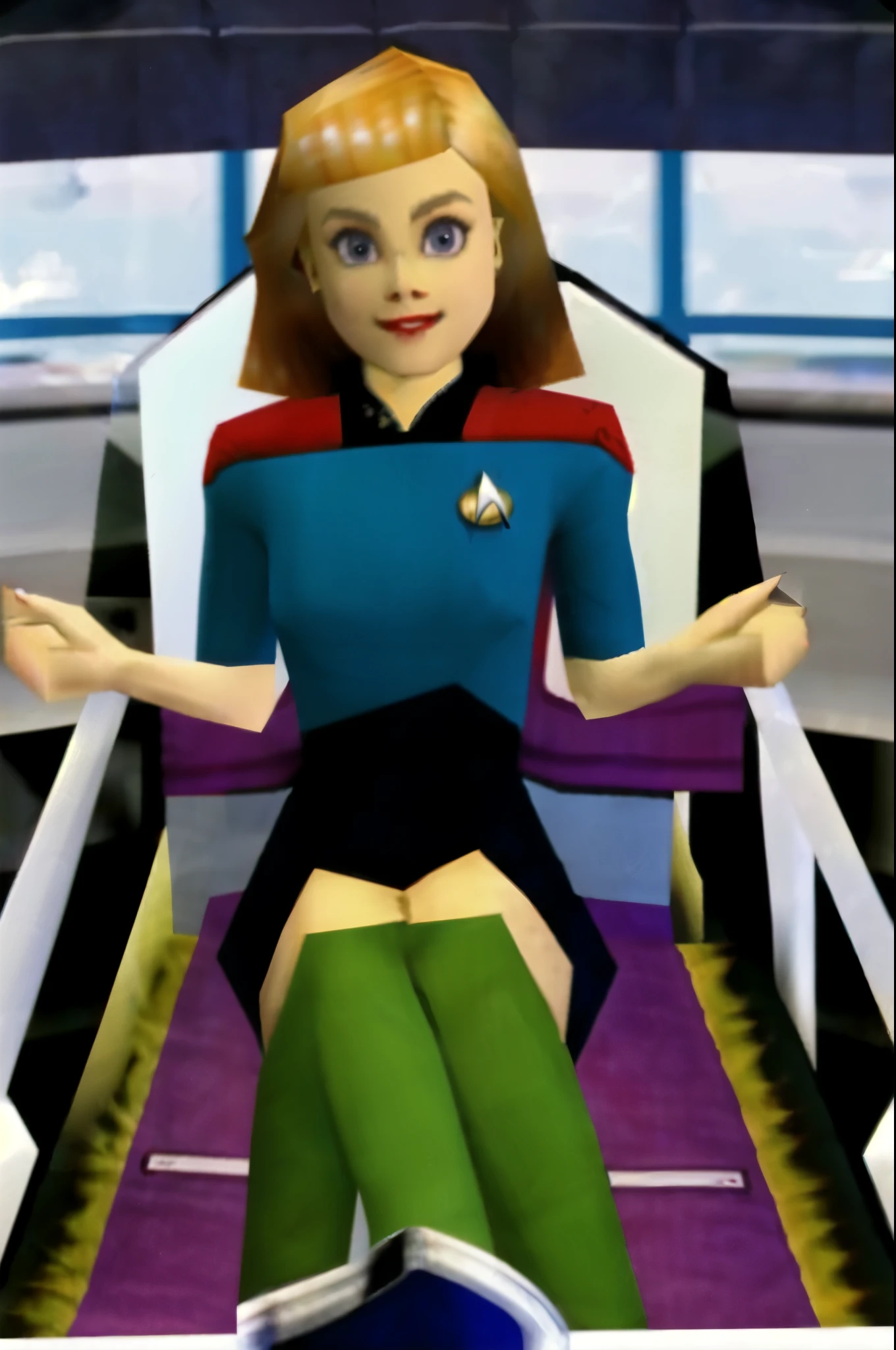 n64style, majorasmask high resolution, hyper realistic, high quality, photo of gwen_stacy
wearing red s3stngunf sitting in captain's chair of enterprise s3stngunf uniform
