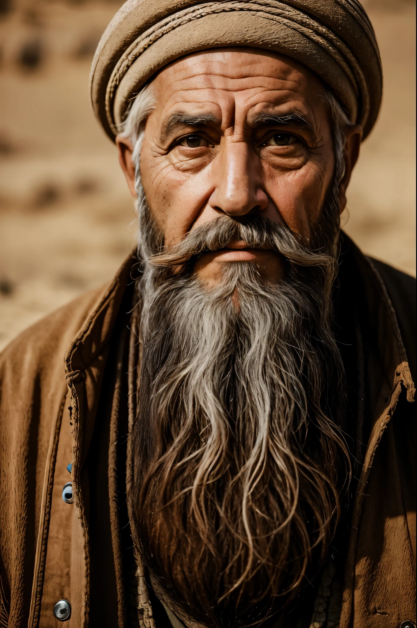 arafed man with a beard and a white beard wearing a brown jacket, old man portrait, color photograph portrait 4k, portrait of bedouin d&d, portrait photo of an old man, wise old man, portrait of a rugged warrior, 4k portrait, stunning portrait, 8k artistic portrait photography, old charismatic mechanic, portrait shot 8 k