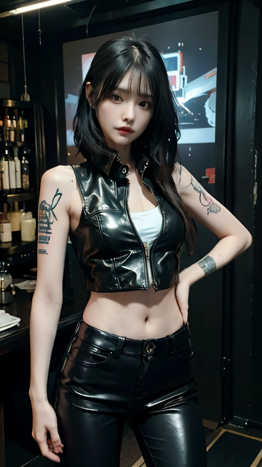 (highest quality)，masterpiece，Super detailed，8K, UHD，Beautiful woman，japanese woman，No expression，whole body，((tattoo))，slim，black leather pants，black leather vest，(female mafia)，gangster，(cyberpunk city)，night，cinematic lightening，underworld