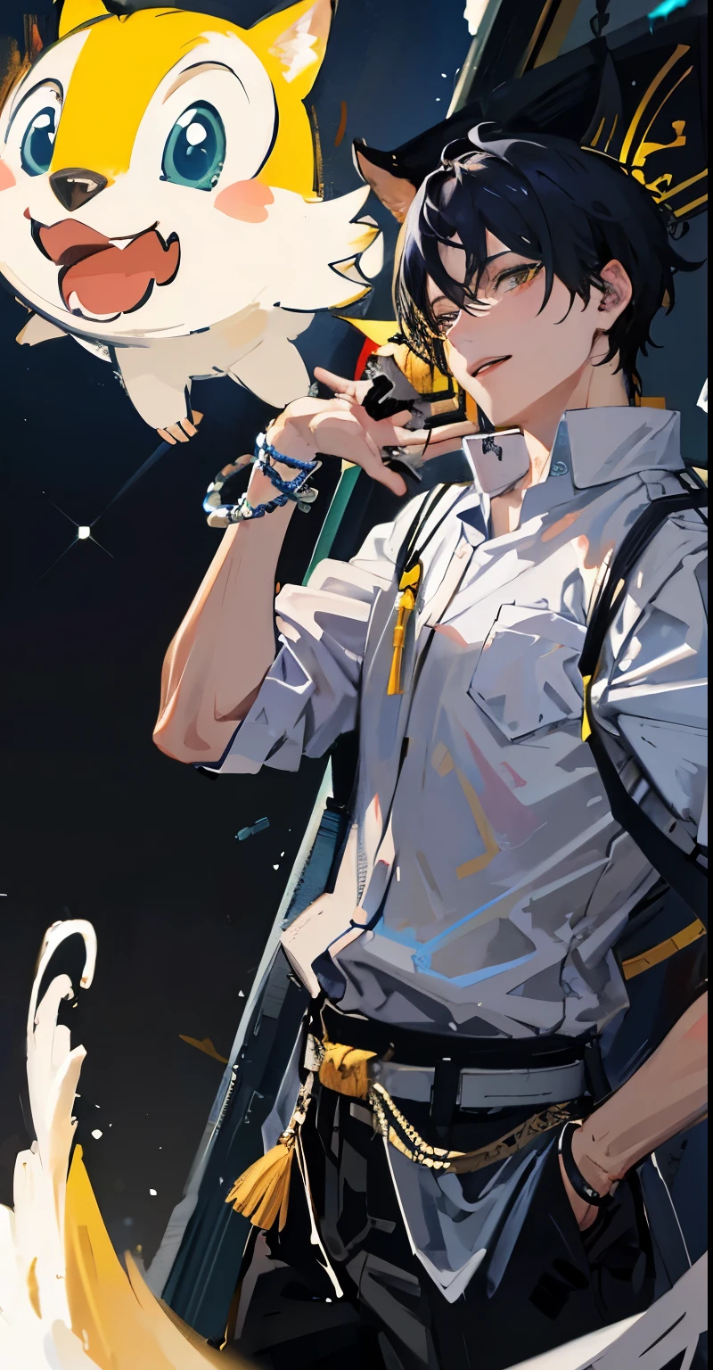 Highest image quality、Jujutsu Kaisen cover、short black hair man、A cute yellow squirrel monster behind、a handsome guy