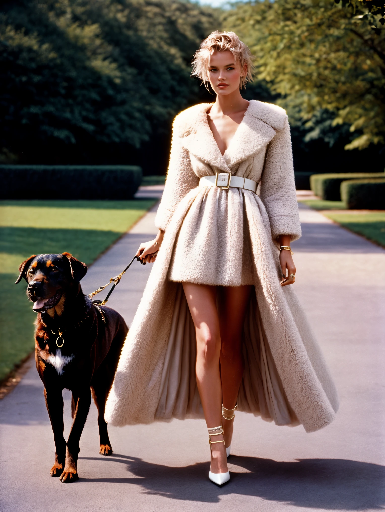 [Ai001 is a famous fashion model, platinum detailed short blonde hair], pose model in vogue magazine from 1990, wearing fluffy dress 1990, with dogs, Kodak Portra 400VC