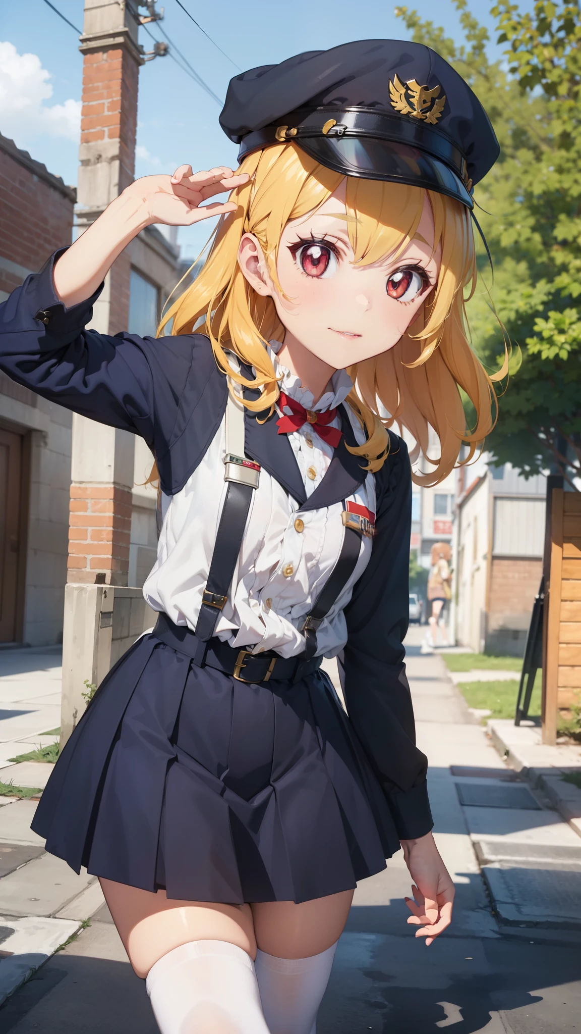 aikatsu,Blonde_HAIR,RED_HAIR_bandmasterpiece,best quality,ultra-detailed,super detailed skin,an extremely delicate and beautiful,beautiful detailed eyes,in1, Knee-high boots,tank,mini skirt,military uniform, military cap,salute, palace,upright