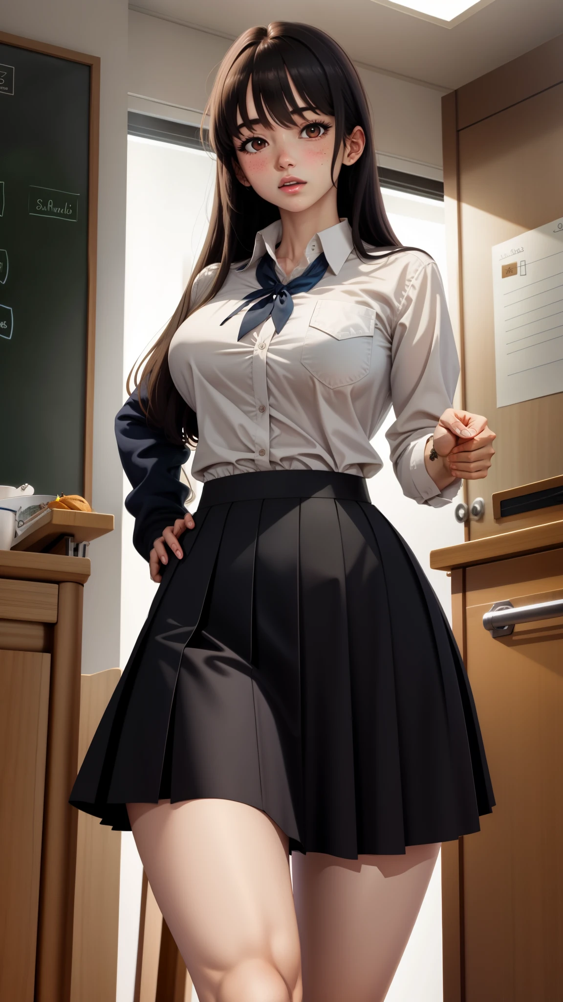 tall body, tall, long legs, mature female, mature, adult, simple background, indoors
 Eft_anna, 1girl, solo, skirt, brown eyes, long hair, chalkboard, blush, looking at viewer, shirt, mole on neck, pleated skirt, school uniform, white shirt, black hair, blue skirt, bangs, mole, breasts, long sleeves, collared shirt, closed mouth, indoors, cowboy shot, standing