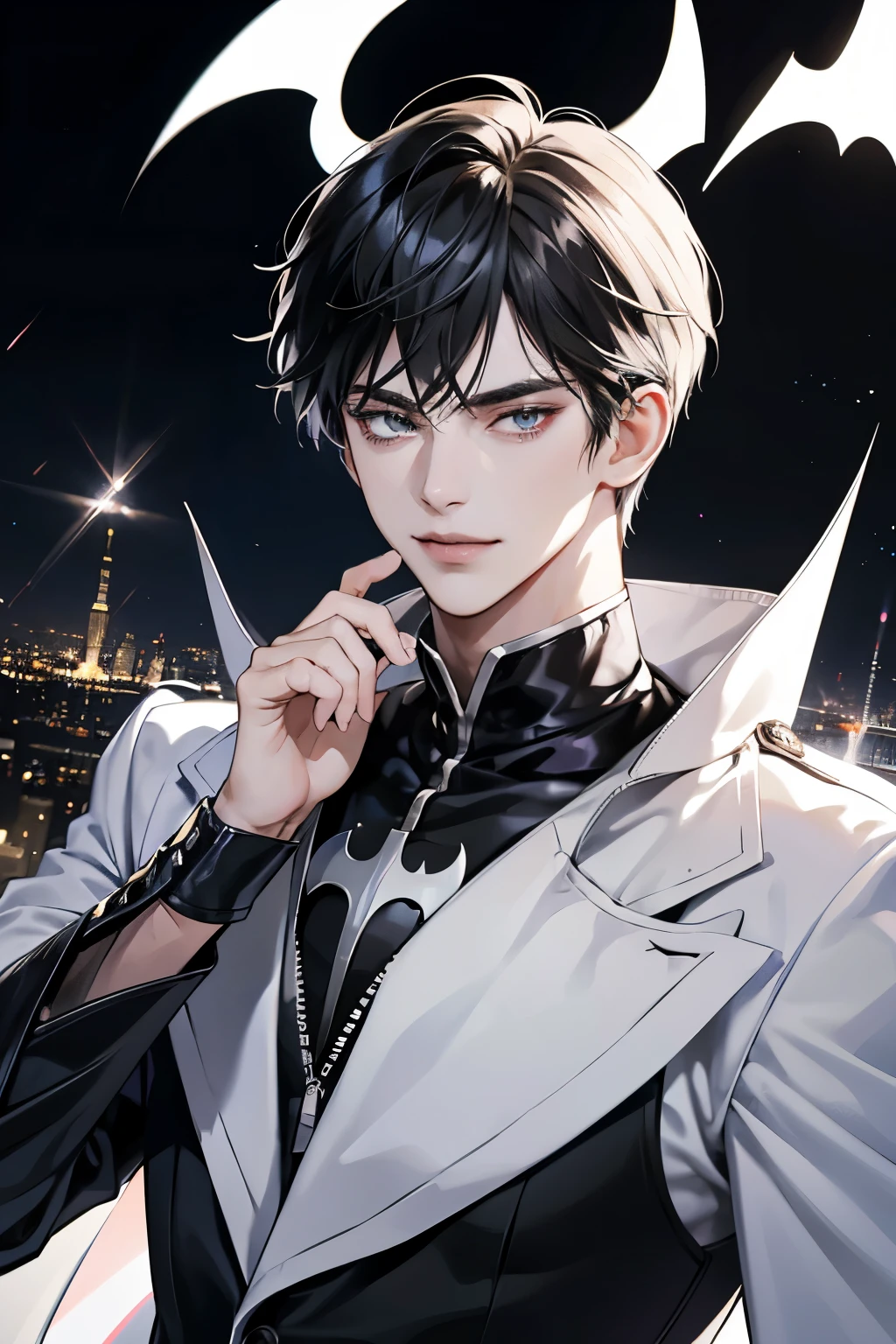 Anime character Batman, donning a light black and white combination suit in the style of Andrzej Sykut, gazes directly at the audience with a charming smile, radiating an irresistible allure. His diamonds sheen eyes twinkle in the clean sky background, adding a snapshot aesthetic to the overall scene. The meticulous details of his upper body are revealed in close-up photos, captured at the best quality and presented in 8k resolution for a complete and immersive viewing experience.