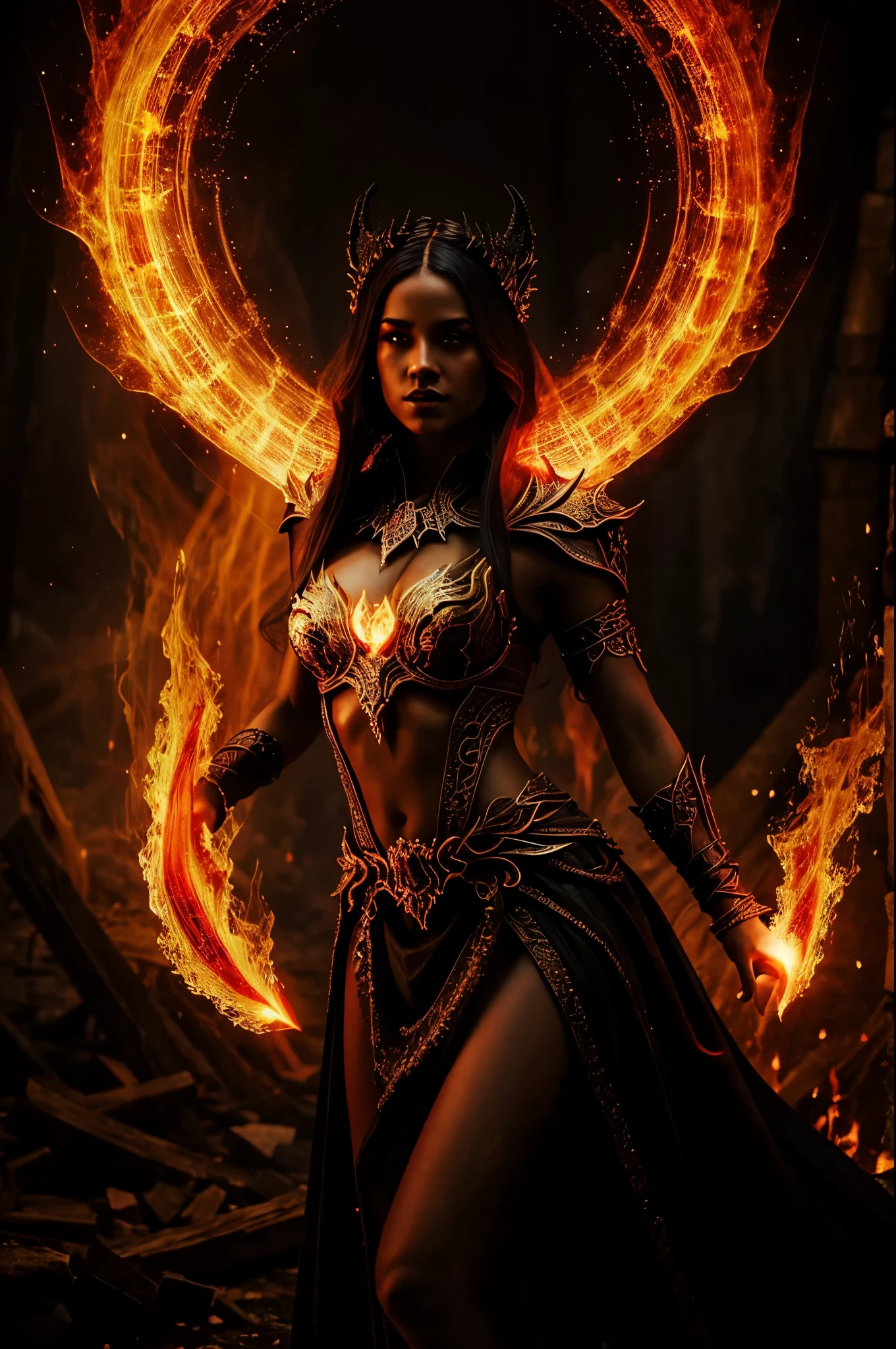 dark fantasy,  fire goddess, intricate details, insane details, volumetric lighting, ominous atmosphere, ominus lights, spectral atmosphere, red fire sparkles 