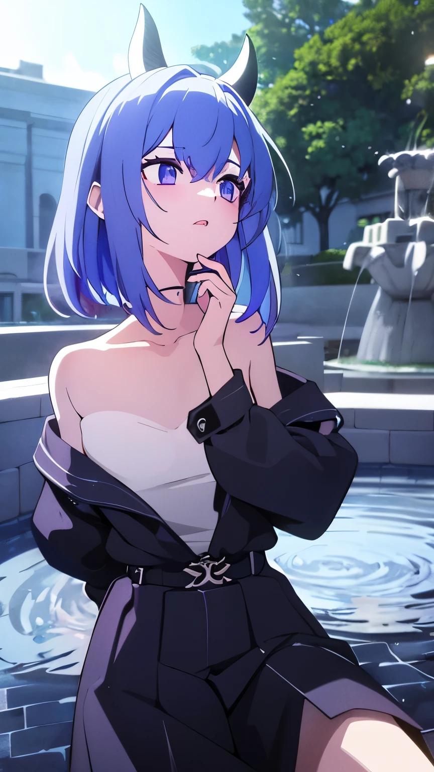 1 girl ,(big Stigmata), non binary, androgynous, School courtyard, (floating hair), ((in courtyard fountain)), character focus, ((black light)),((dark lighting)), cinematic lighting ,(darkness), (concept art), ((innocent face)), blue short straight hair, light blue hair color, dragonoid girl, short, short blue hairy, glowing bluish-purple horns, bluey-purple eye color, (glowing eyes), high resolution,(incredibly absurdres) ,extremely detailed CG unity 8k wallpaper, ((masterpiece)), ((top-quality)), (beautiful illustration), ((an extremely delicate and beautiful)), (masterpiece, Best quality, ultra high resolution), 1 girl, pale skin, Black Crown, purple eyes, Luminous_eyes, neon blue eyes, ultra detailed eyes, Beautiful and detailed face, detailed eyes, (Centered, torso), (wide shot:0.9), facing the viewer, Eye level, flat chested, flat chest, cup size AAA, Wearing black cargo shorts, sharp horns, blue horns on top of head,