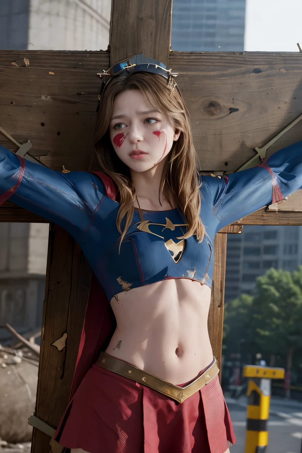 highest quality,masterpiece,UHD, Super detailed, 8K,(Beautiful woman),(一人のBeautiful woman),((crucifixion:1.5)),((cross)),(execution),((incontinence)),scared,torture,slave,((crossにcrucifixionにされた女性:1.5)),crucifixion刑,(supergirl),red skirt,((torn costume:1.4)),(tattered clothes),((Bruises on face and body:1.4)),Defeated heroine,a devastated world,ruins,abandoned building