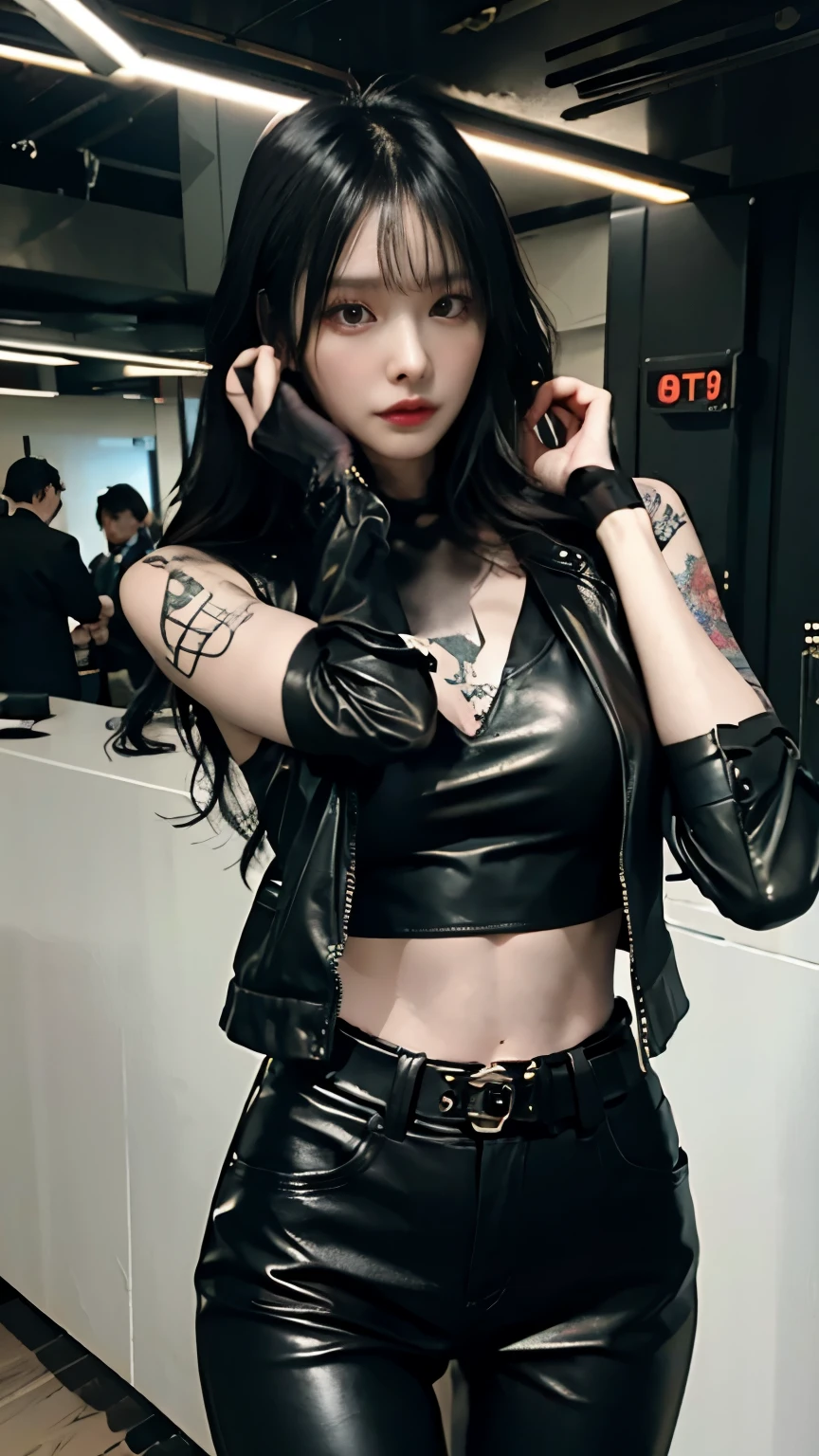 (highest quality)，masterpiece，Super detailed，8K, UHD，Beautiful woman，japanese woman，No expression，whole body，((tattoo))，slim，black leather pants，black leather vest，(female mafia)，gangster，(cyberpunk city)，night，cinematic lightening，underworld