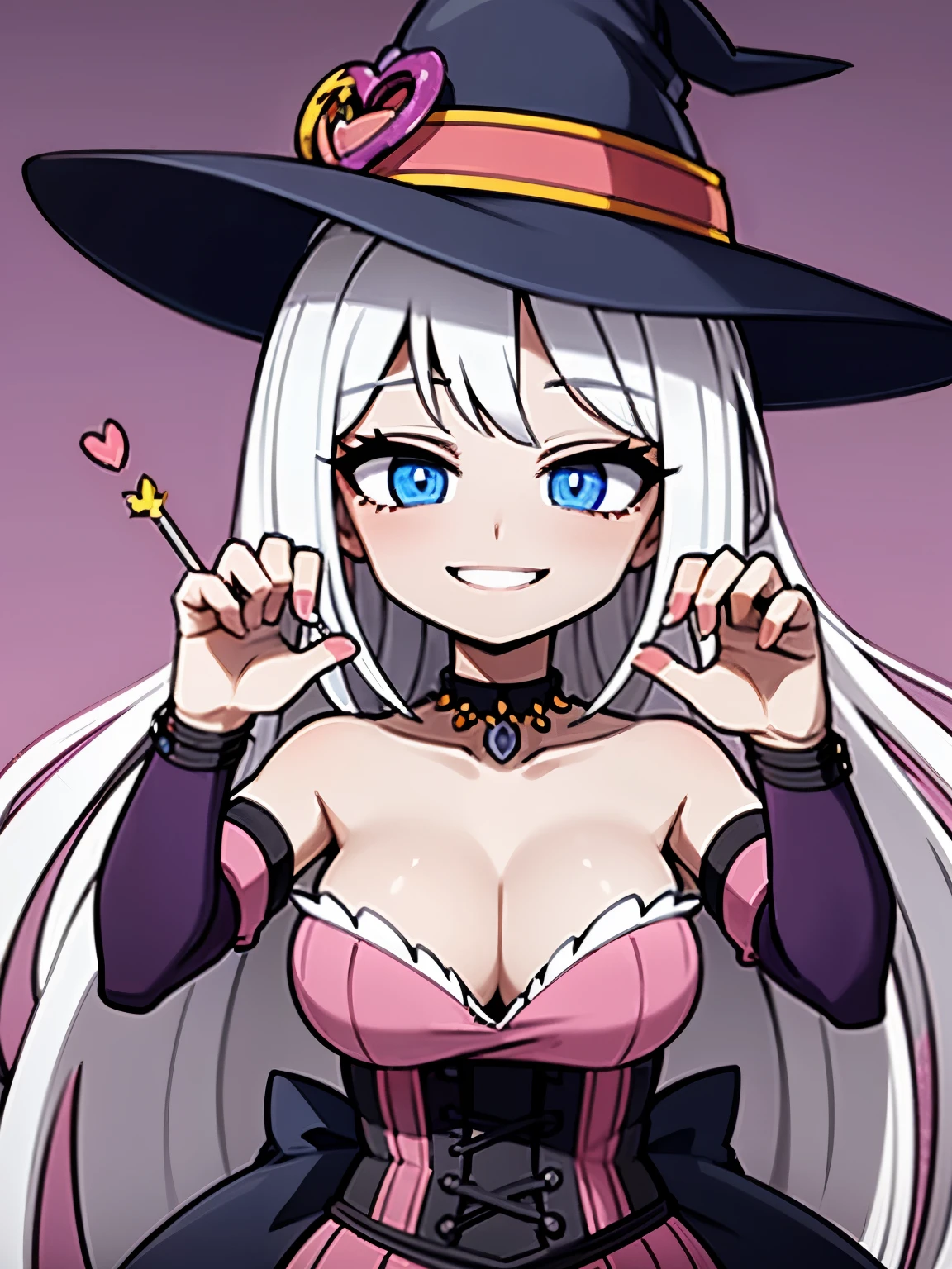 1woman, witch specie, witch hat, candy witch, candy accessories, sugary looks, smiling, kind, medieval dress gown. White hair, long hair, blue eyes. Candy lover, sweets treats lover. Orange ,pink and purple theme colors.