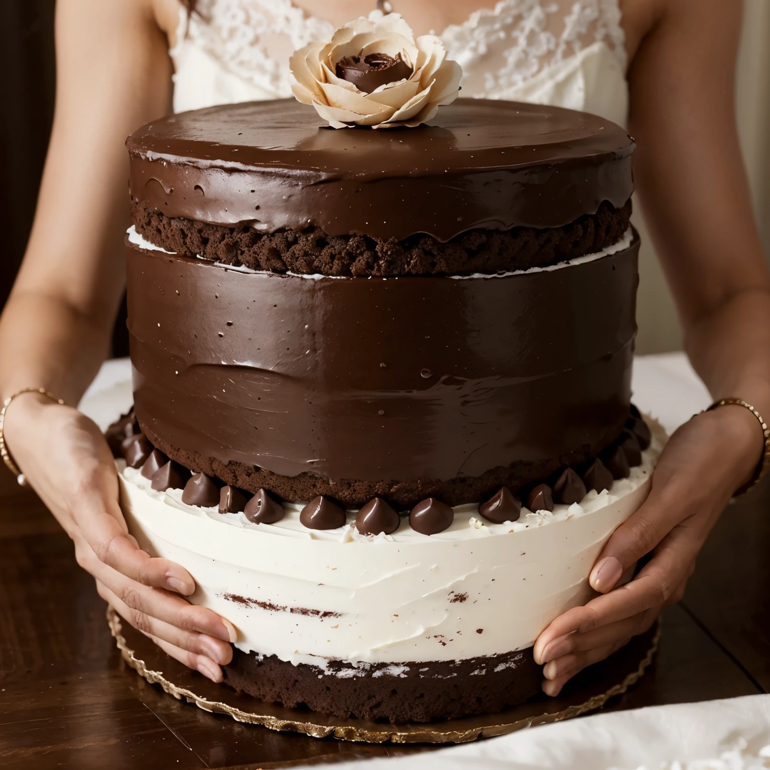 The three-tiered wedding cake is a masterpiece of chocolate and elegance. Each layer is richly decorated and crafted to impress guests.
No primeiro andar, a solid base of decadent chocolate cake is carefully topped with a smooth chocolate ganache, that flows over the edges with elegance. Delicate sugar flowers in shades of brown and white adorn the surface, adding a touch of sophistication and romance.