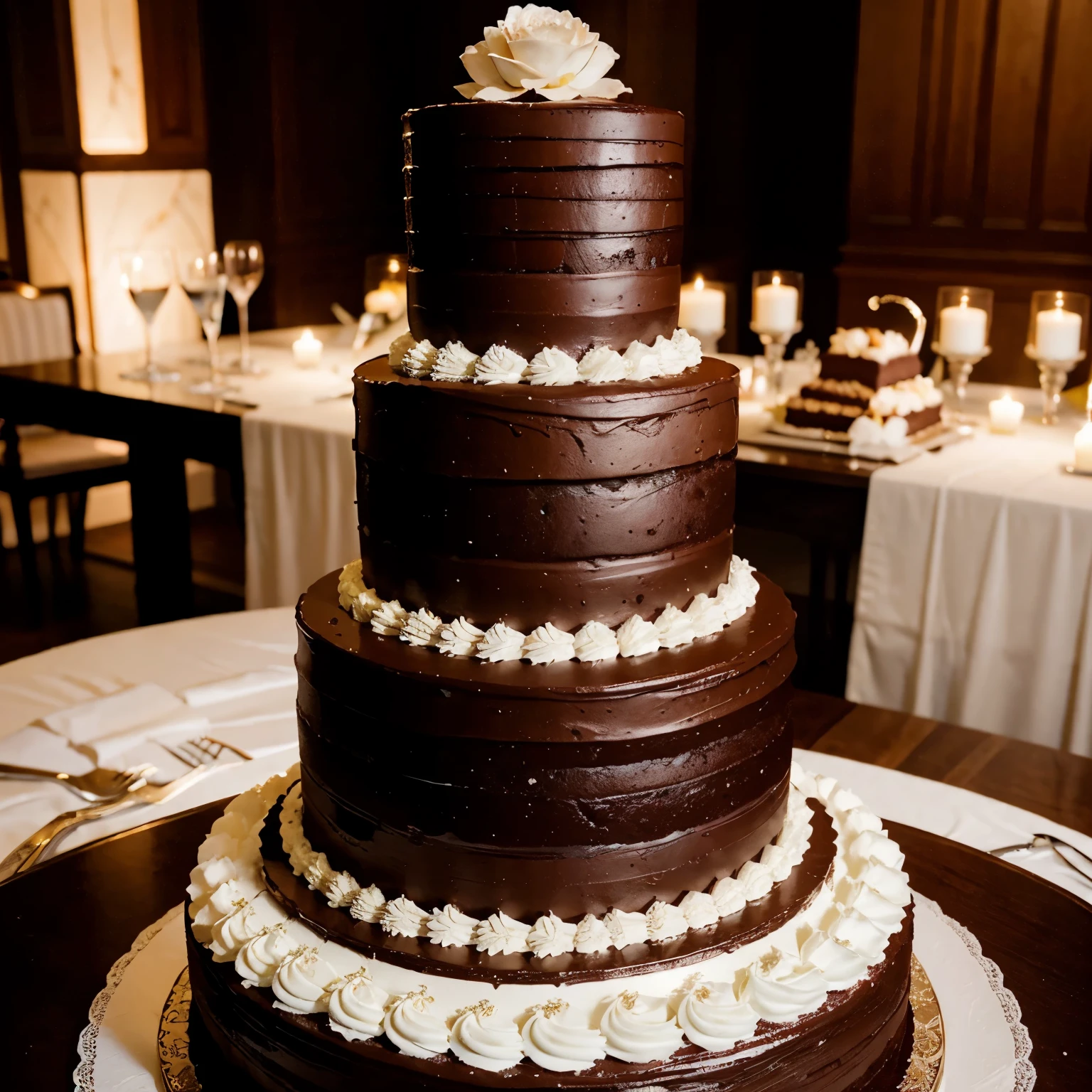 The three-tiered wedding cake is a masterpiece of chocolate and elegance. Each layer is richly decorated and crafted to impress guests.

No primeiro andar, a solid base of decadent chocolate cake is carefully topped with a smooth chocolate ganache, that flows over the edges with elegance. Delicate sugar flowers in shades of brown and white adorn the surface, adding a touch of sophistication and romance.