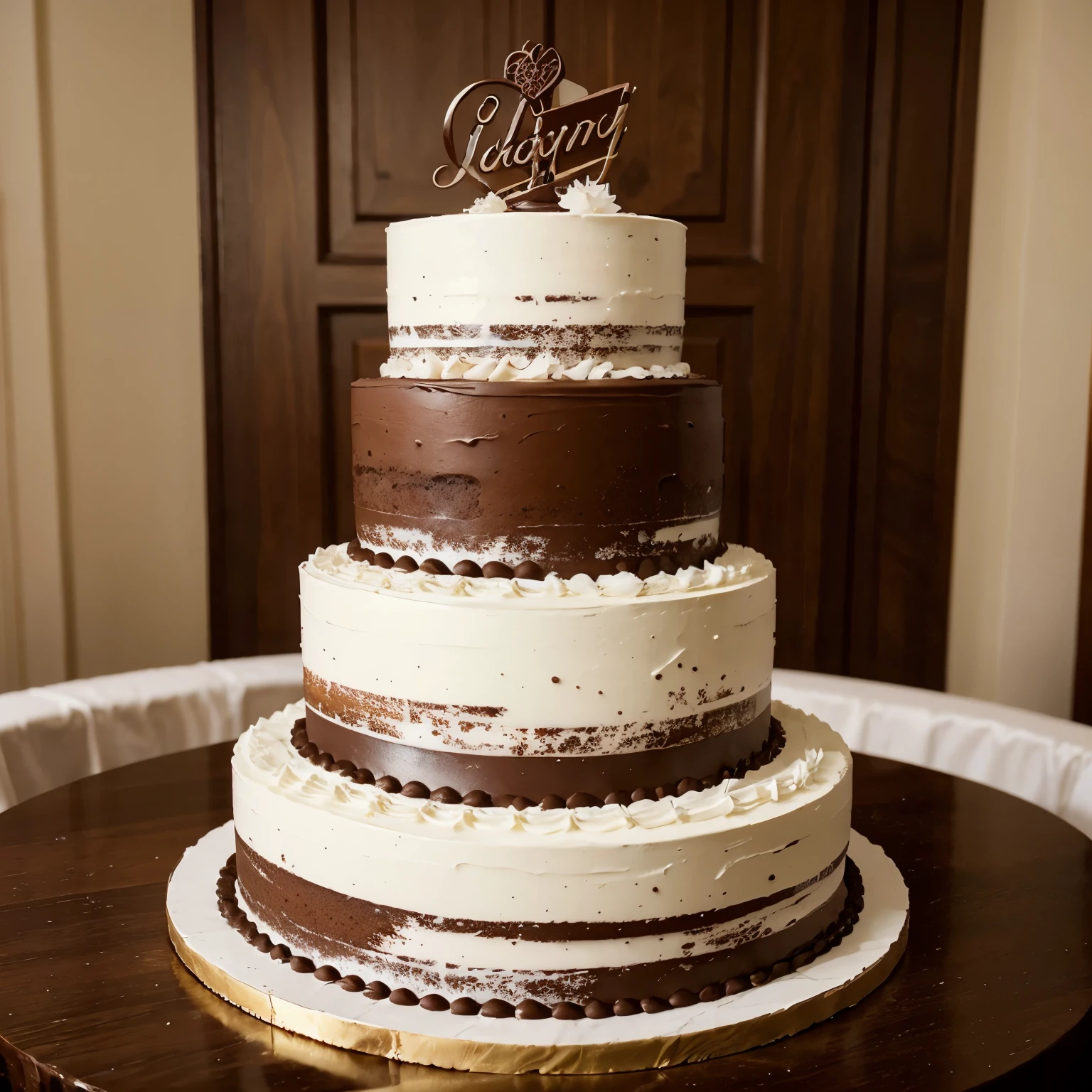 The three-tiered wedding cake is a masterpiece of chocolate and elegance. Each layer is richly decorated and crafted to impress guests.
No primeiro andar, a solid base of decadent chocolate cake is carefully topped with a smooth chocolate ganache, that flows over the edges with elegance. Delicate sugar flowers in shades of brown and white adorn the surface, adding a touch of sophistication and romance.