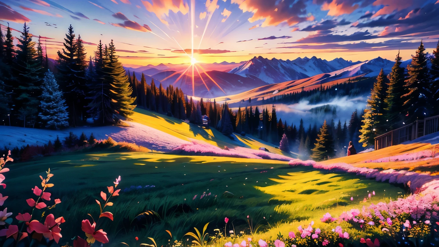 Prompt: masterpiece, best quality, ultra-detailed, 1girl, detailed water, long hair, corkscrew curls, red hair, light grey eyes, (close-up), maple trees, everywhere mistletoe, gorgeous, maple and spruce trees, cherry, cherry tree, smile, view from front, wolf ears, snowy background, science fiction, multiple tails, Tall evergreens stand tall and proud, their branches weighed down by heavy snow, volumetric lighting AND masterpiece, best quality, high quality, extremely detailed CG unity 8k wallpaper A vibrant spring landscape, bursting with new life and color. Rolling hills are covered with a carpet of green, dotted with delicate wildflowers in shades of pink, purple, and yellow, volumetric lighting