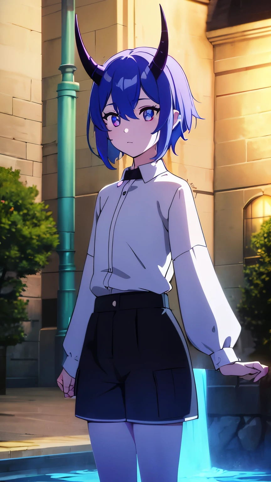 1 boy, (big Stigmata), non binary, androgynous, School courtyard, (floating hair), ((in courtyard fountain)), character focus, ((black light)),((dark lighting)), cinematic lighting ,(darkness), (concept art), ((innocent face)), blue short straight hair, light blue hair color, dragonoid girl, short, short blue hairy, glowing bluish-purple horns, bluey-purple eye color, (glowing eyes), high resolution,(incredibly absurdres) ,extremely detailed CG unity 8k wallpaper, ((masterpiece)), ((top-quality)), (beautiful illustration), ((an extremely delicate and beautiful)), (masterpiece, Best quality, ultra high resolution), 1 girl, pale skin, Black Crown, purple eyes, Luminous_eyes, neon blue eyes, ultra detailed eyes, Beautiful and detailed face, detailed eyes, (Centered, torso), (wide shot:0.9), facing the viewer, Eye level, flat chested, flat chest, cup size AAA, Wearing black cargo shorts, sharp horns, blue horns on top of head, ((star in eyes))