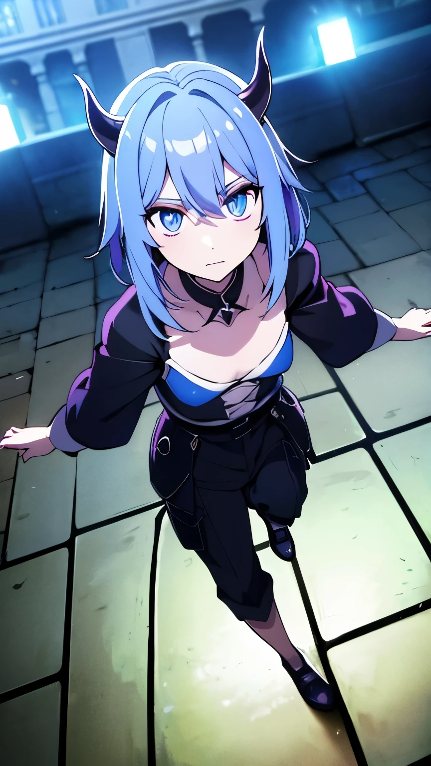 1 girl ,(big Stigmata), non binary, androgynous, School courtyard, (floating hair), ((in courtyard fountain)), character focus, ((black light)),((dark lighting)), cinematic lighting ,(darkness), (concept art), ((innocent face)), blue short straight hair, light blue hair color, dragonoid girl, short, short blue hairy, glowing bluish-purple horns, bluey-purple eye color, (glowing eyes), high resolution,(incredibly absurdres) ,extremely detailed CG unity 8k wallpaper, ((masterpiece)), ((top-quality)), (beautiful illustration), ((an extremely delicate and beautiful)), (masterpiece, Best quality, ultra high resolution), 1 girl, pale skin, Black Crown, purple eyes, Luminous_eyes, neon blue eyes, ultra detailed eyes, Beautiful and detailed face, detailed eyes, (Centered, torso), (wide shot:0.9), facing the viewer, Eye level, flat chested, flat chest, cup size AAA, Wearing black cargo shorts, sharp horns, blue horns on top of head,
