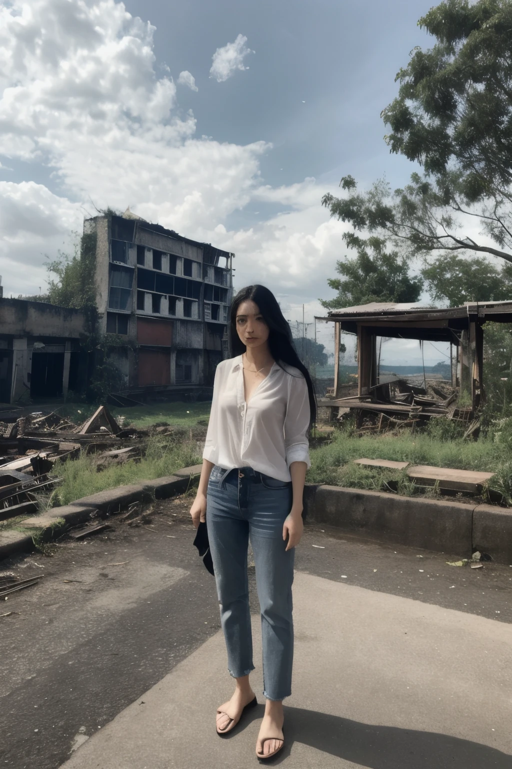 Thai Woman, look at viewer, long hair, shirt, jeans, cloud, day, sky,outdoors, post-apocalypse, ruins, scenery, tree, water,